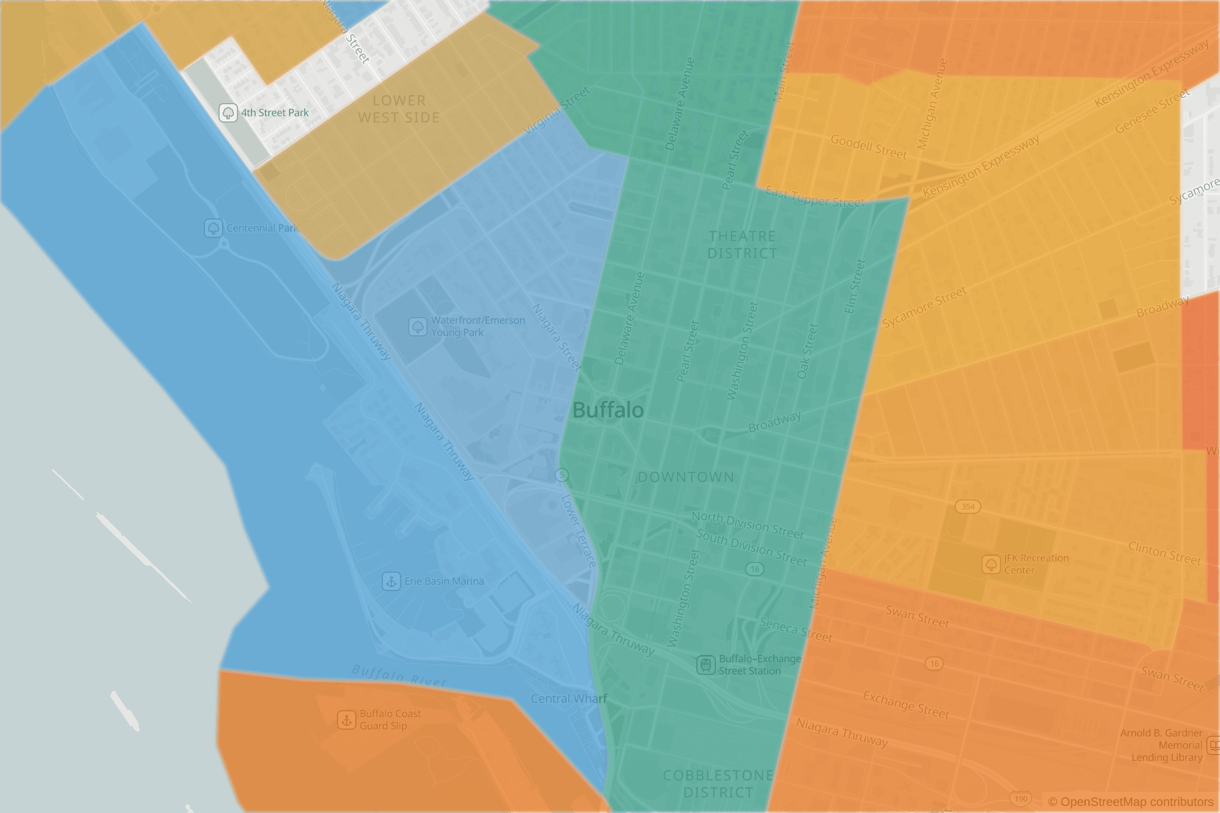 Map of central Buffalo, NY and the blocks around it, each census tract shaded by its neighborhood grade, A to F