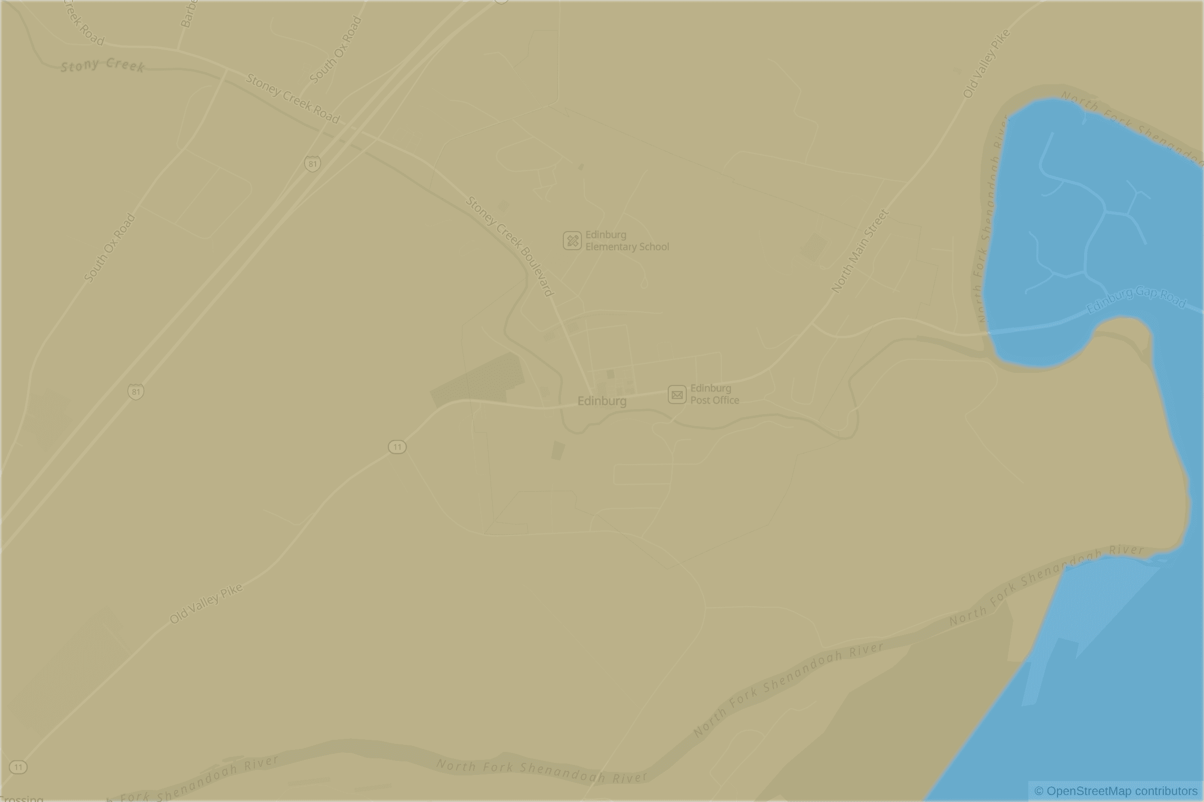 Map of central Edinburg, VA and the blocks around it, each census tract shaded by its neighborhood grade, A to F