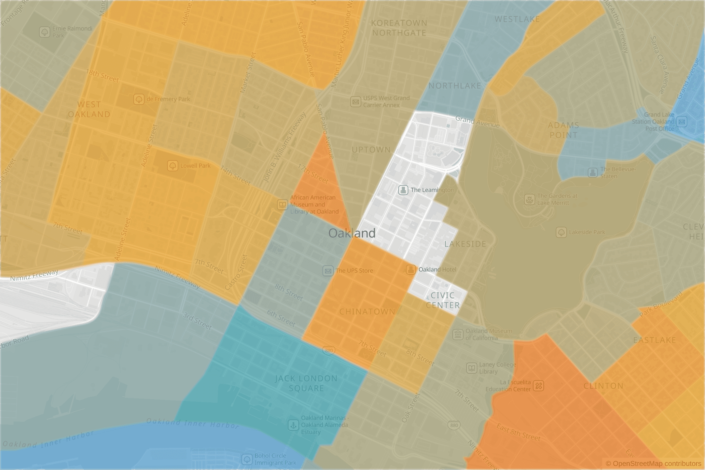 Map of central Oakland, CA and the blocks around it, each census tract shaded by its neighborhood grade, A to F