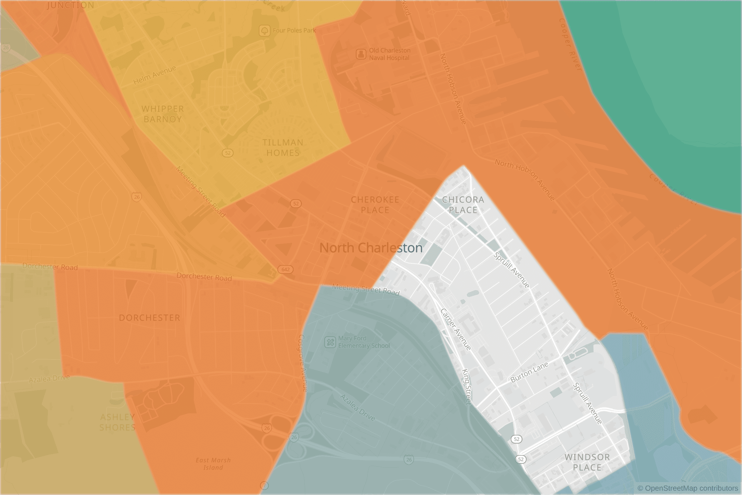 Map of central North Charleston, SC and the blocks around it, each census tract shaded by its neighborhood grade, A to F