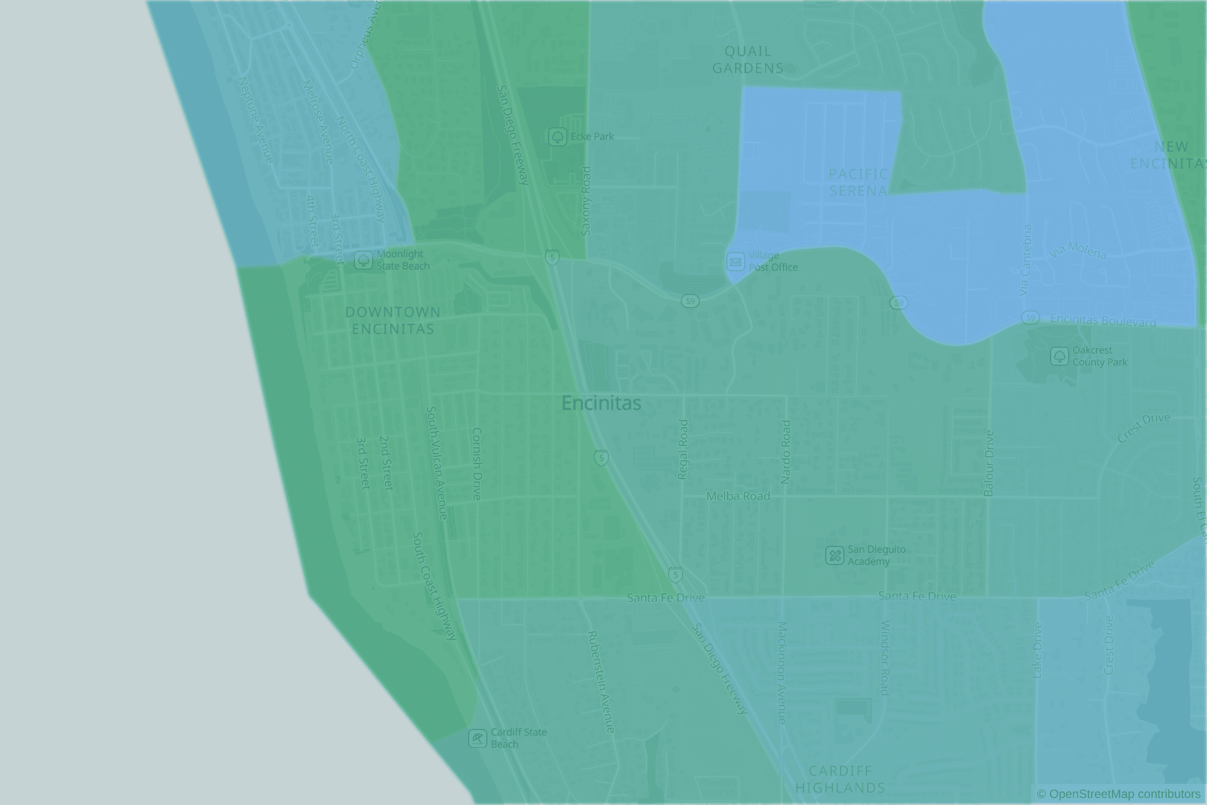 Map of central Encinitas, CA and the blocks around it, each census tract shaded by its neighborhood grade, A to F