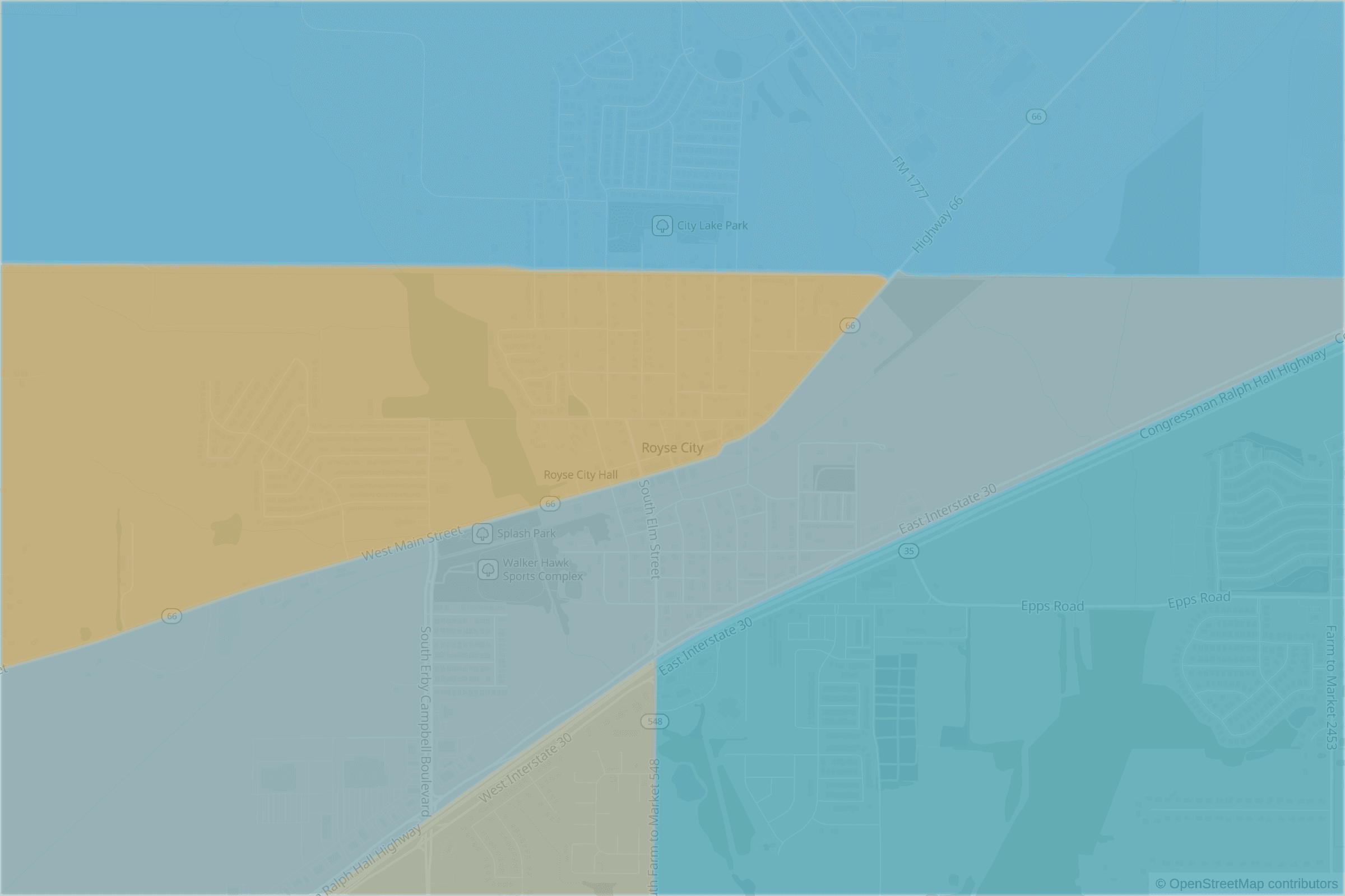 Map of central Royse City, TX and the blocks around it, each census tract shaded by its neighborhood grade, A to F