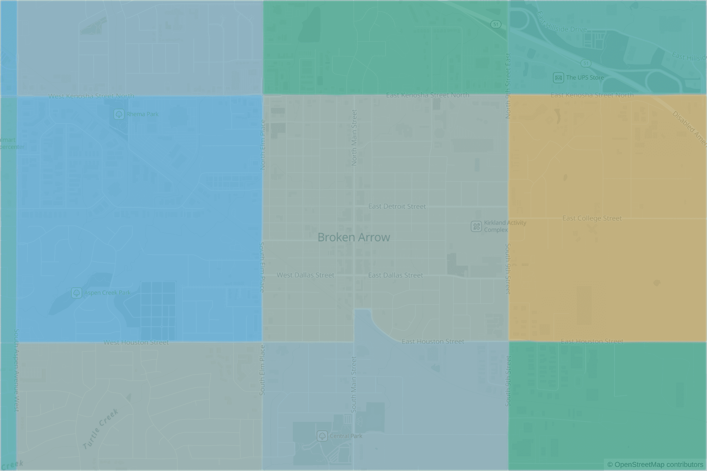 Map of central Broken Arrow, OK and the blocks around it, each census tract shaded by its neighborhood grade, A to F