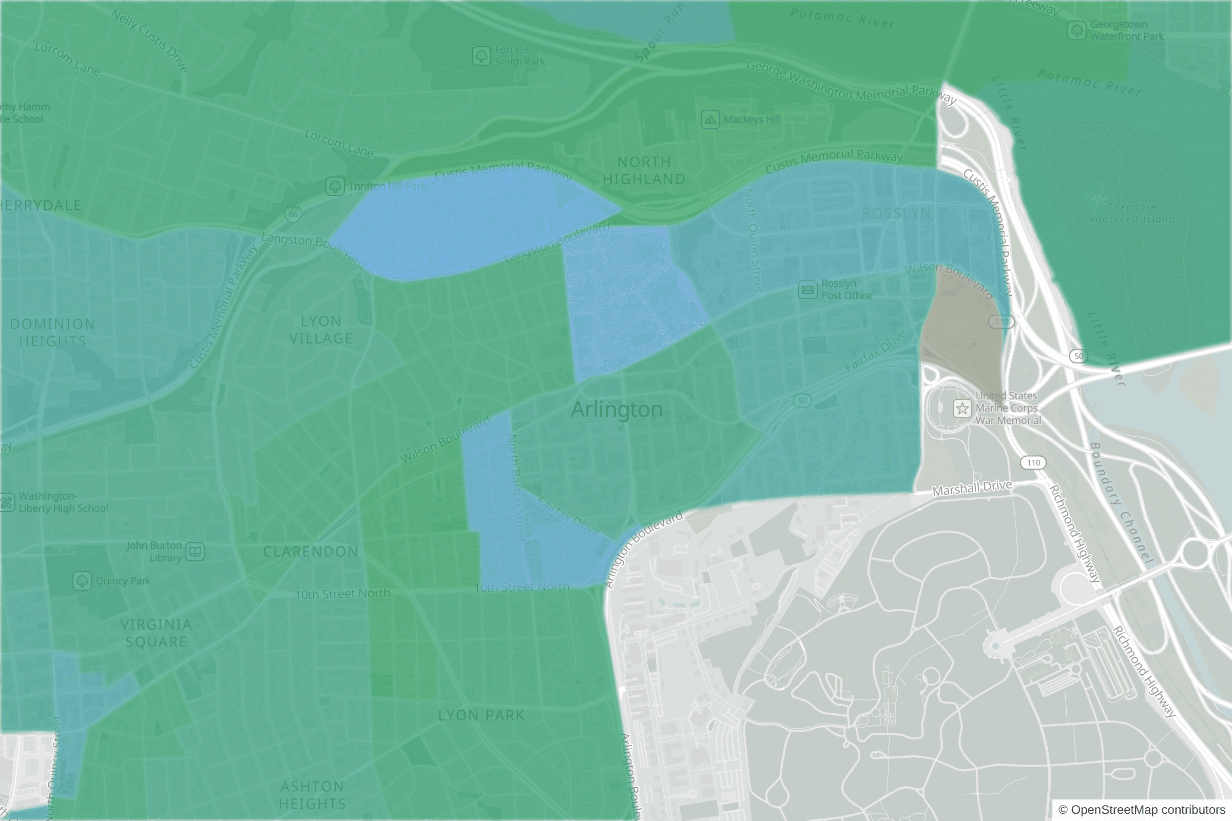 Map of central Arlington, VA and the blocks around it, each census tract shaded by its neighborhood grade, A to F