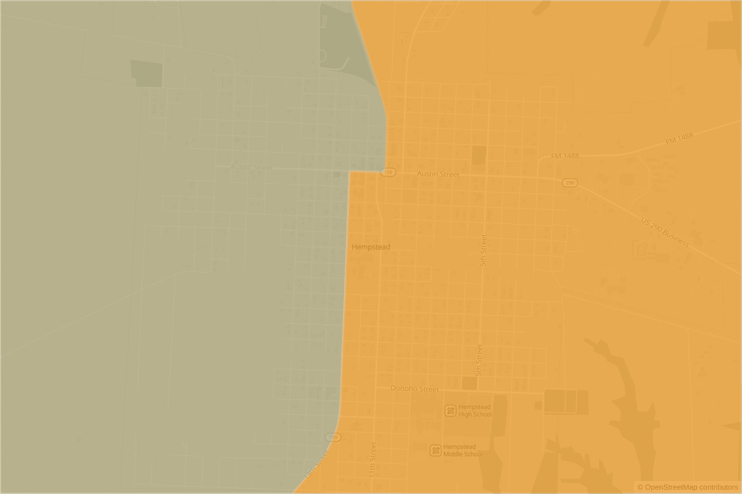 Map of central Hempstead, TX and the blocks around it, each census tract shaded by its neighborhood grade, A to F