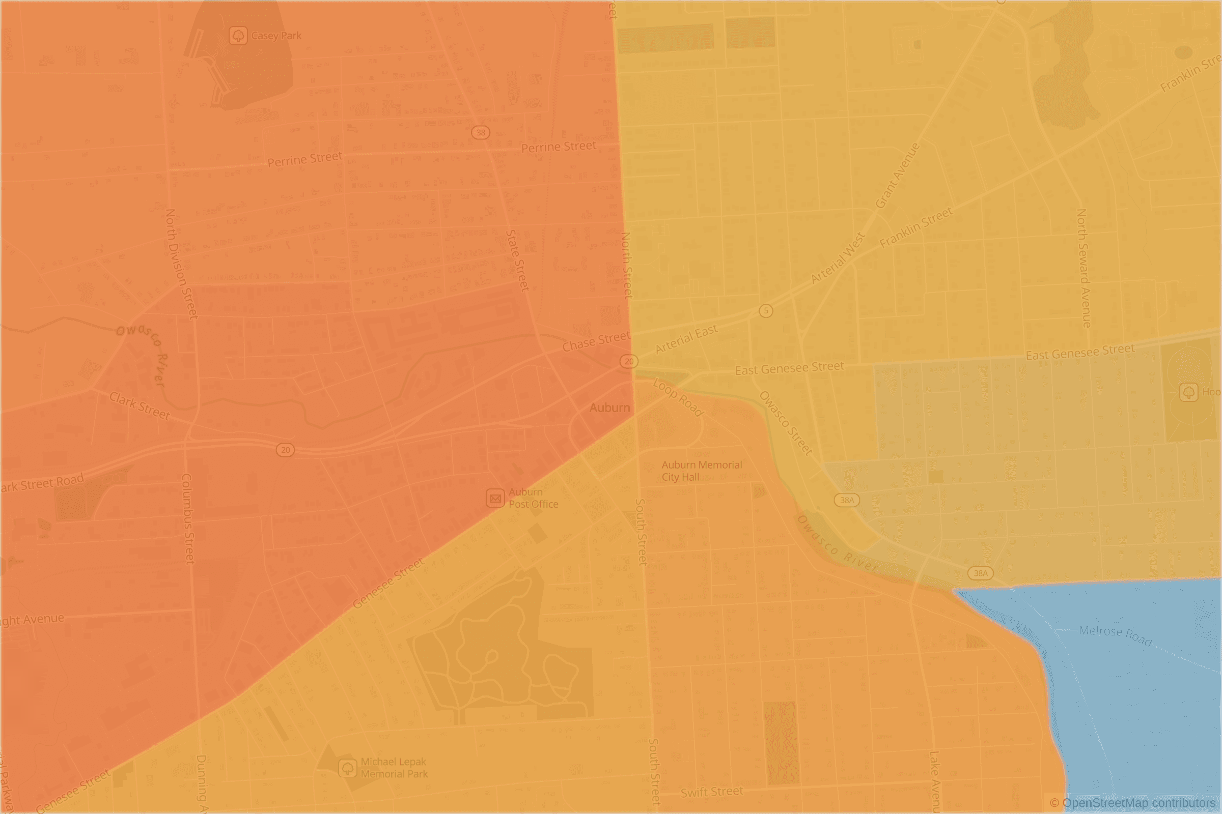Map of central Auburn, NY and the blocks around it, each census tract shaded by its neighborhood grade, A to F