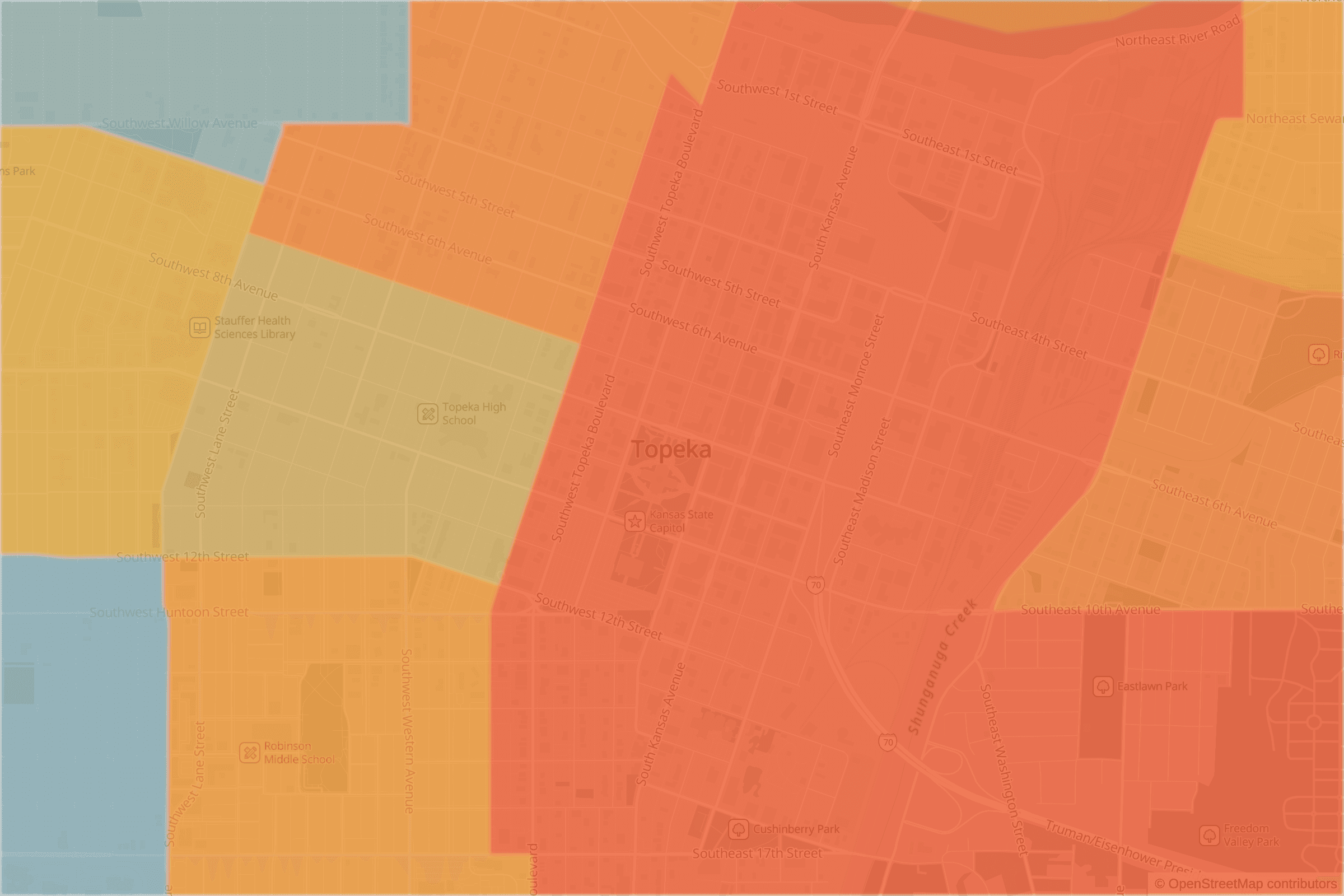 Map of central Topeka, KS and the blocks around it, each census tract shaded by its neighborhood grade, A to F