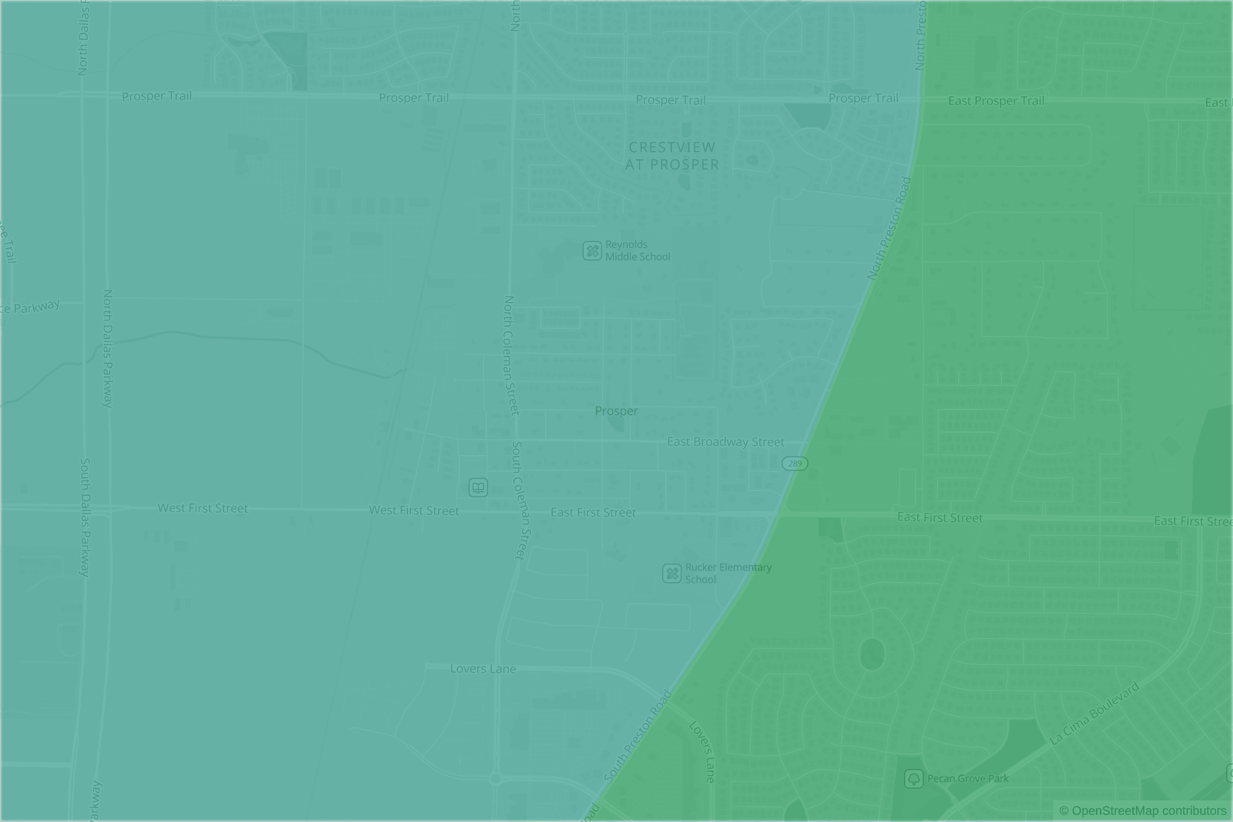 Map of central Prosper, TX and the blocks around it, each census tract shaded by its neighborhood grade, A to F