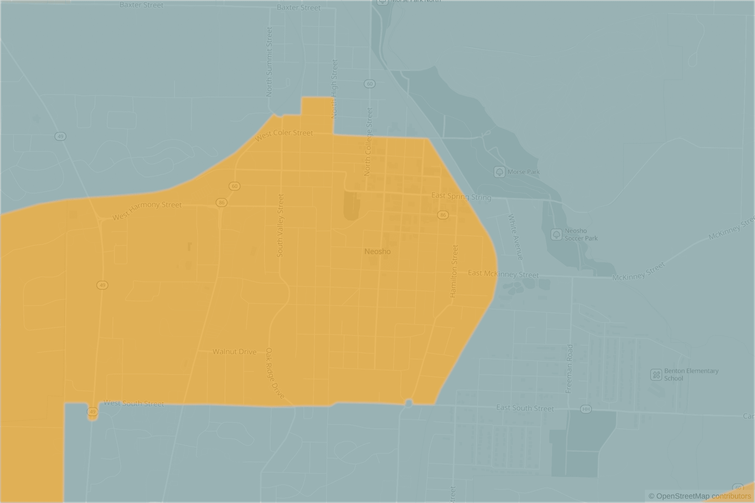 Map of central Neosho, MO and the blocks around it, each census tract shaded by its neighborhood grade, A to F