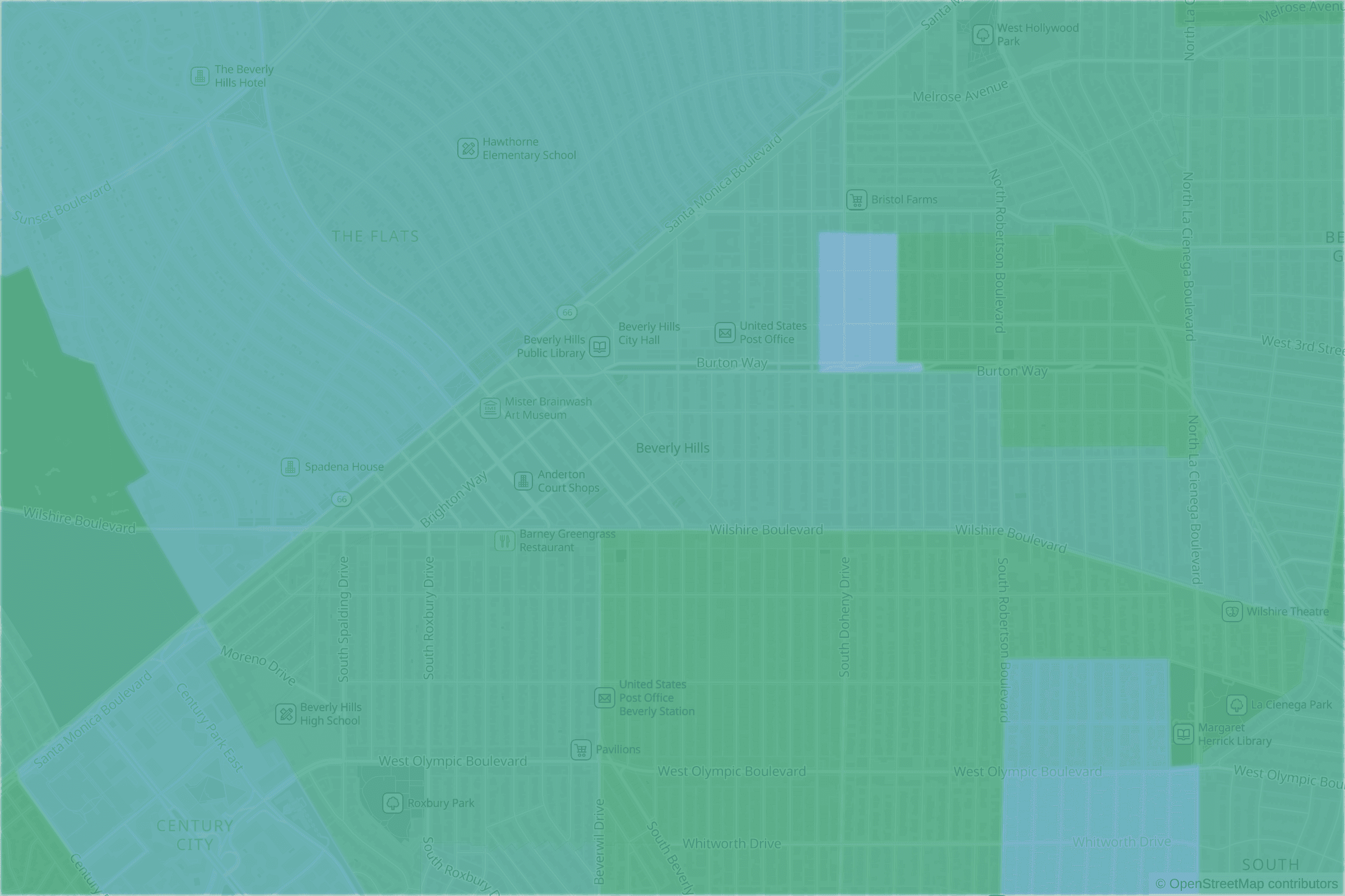 Map of central Beverly Hills, CA and the blocks around it, each census tract shaded by its neighborhood grade, A to F