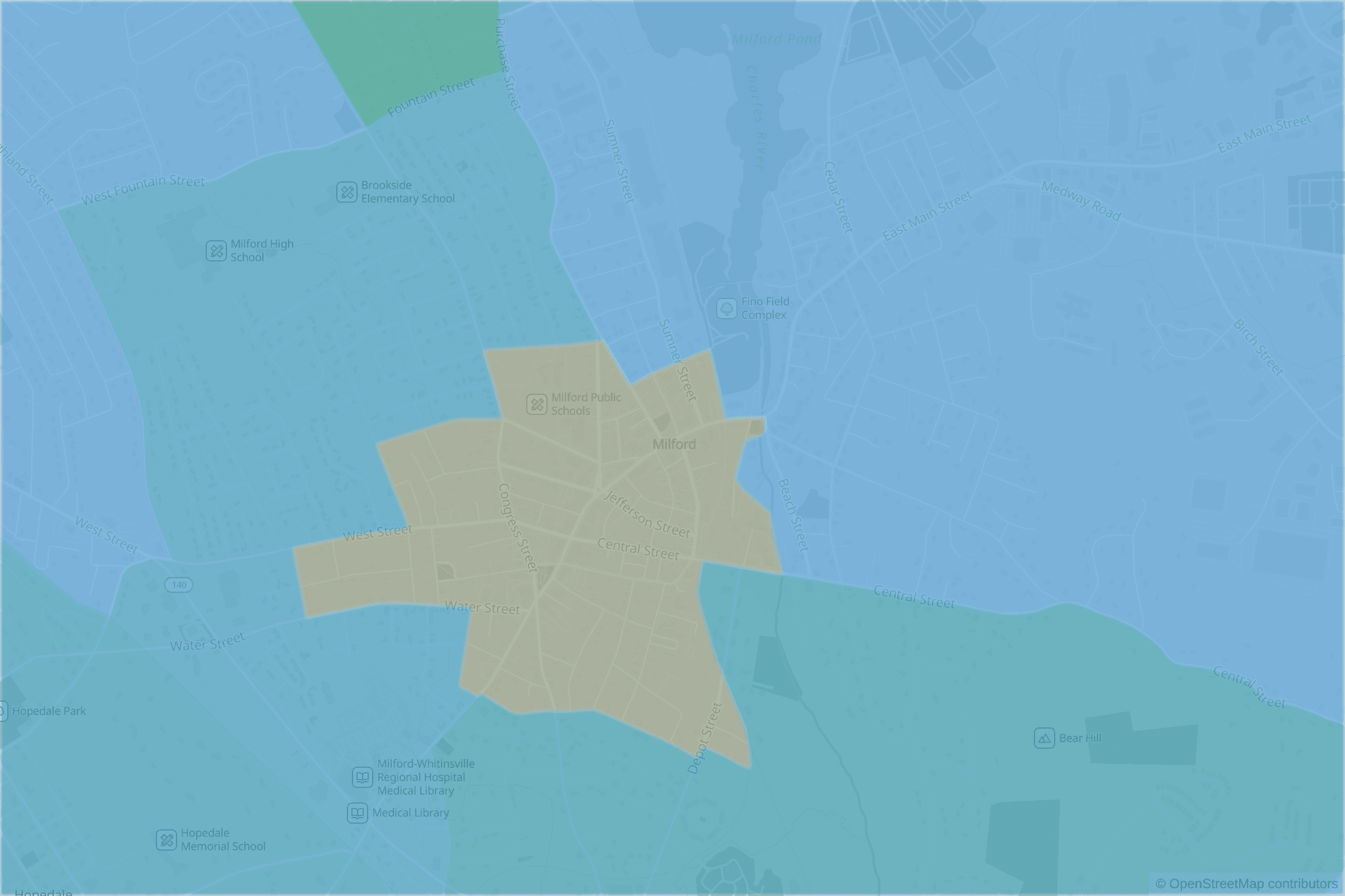 Map of central Milford, MA and the blocks around it, each census tract shaded by its neighborhood grade, A to F