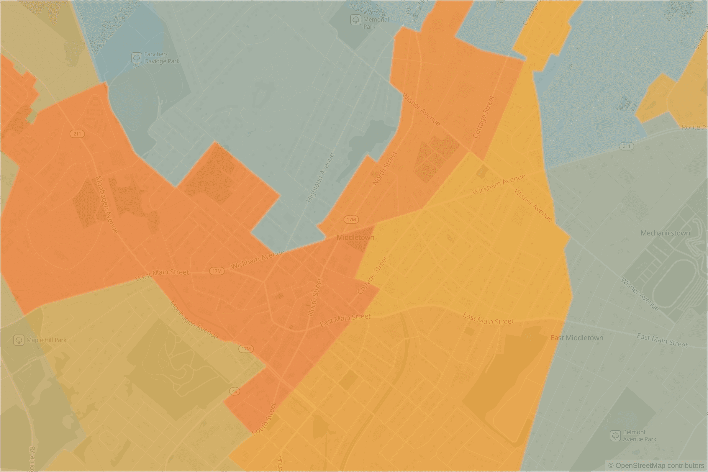 Map of central Middletown, NY and the blocks around it, each census tract shaded by its neighborhood grade, A to F