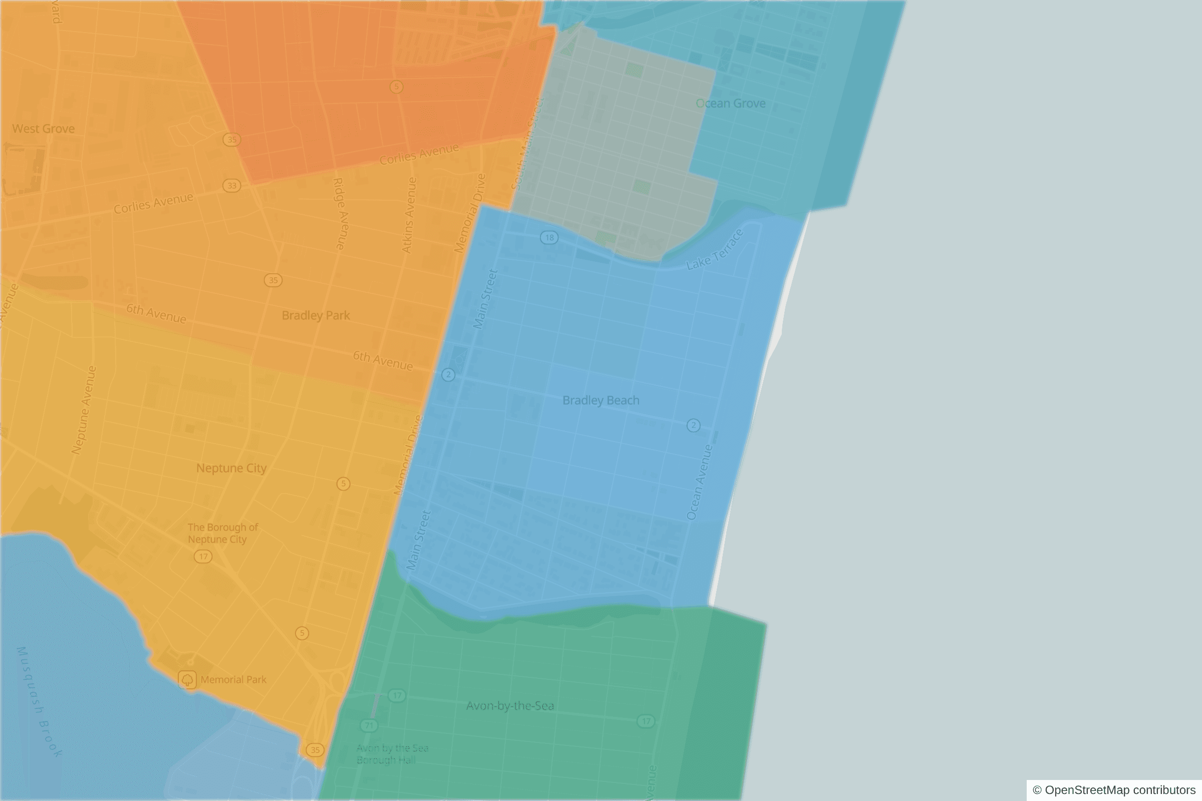 Map of central Bradley Beach, NJ and the blocks around it, each census tract shaded by its neighborhood grade, A to F
