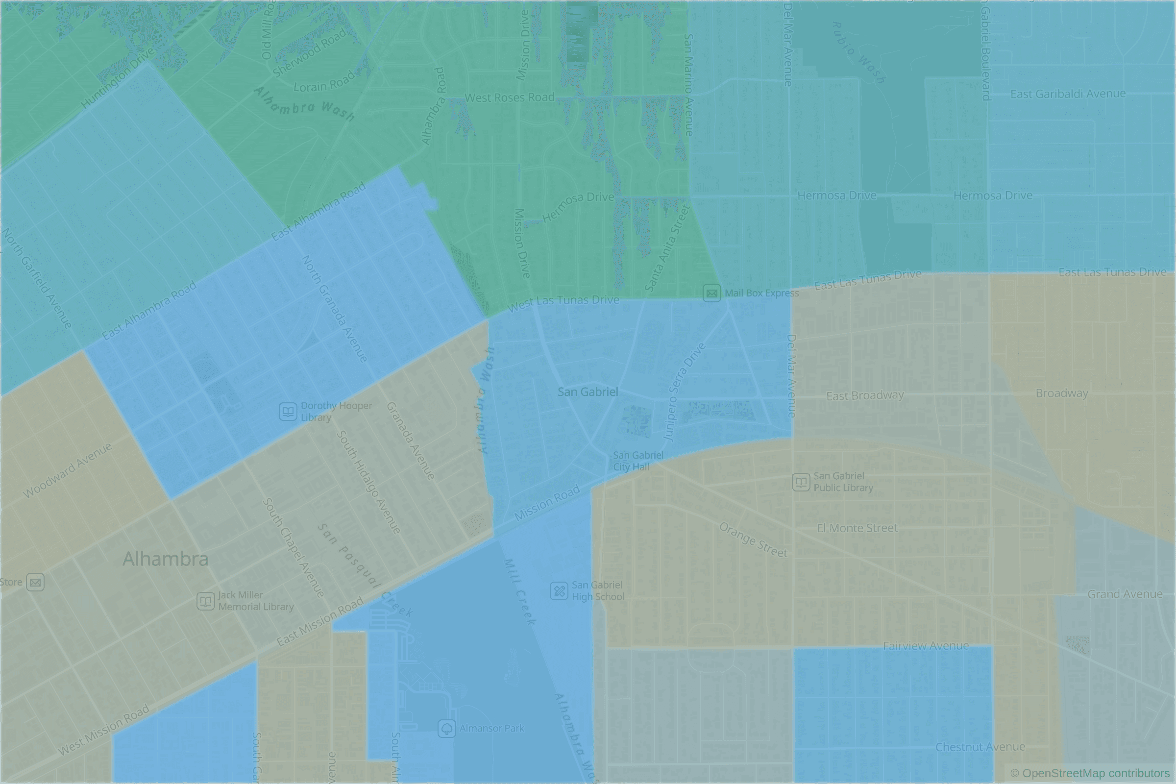 Map of central San Gabriel, CA and the blocks around it, each census tract shaded by its neighborhood grade, A to F