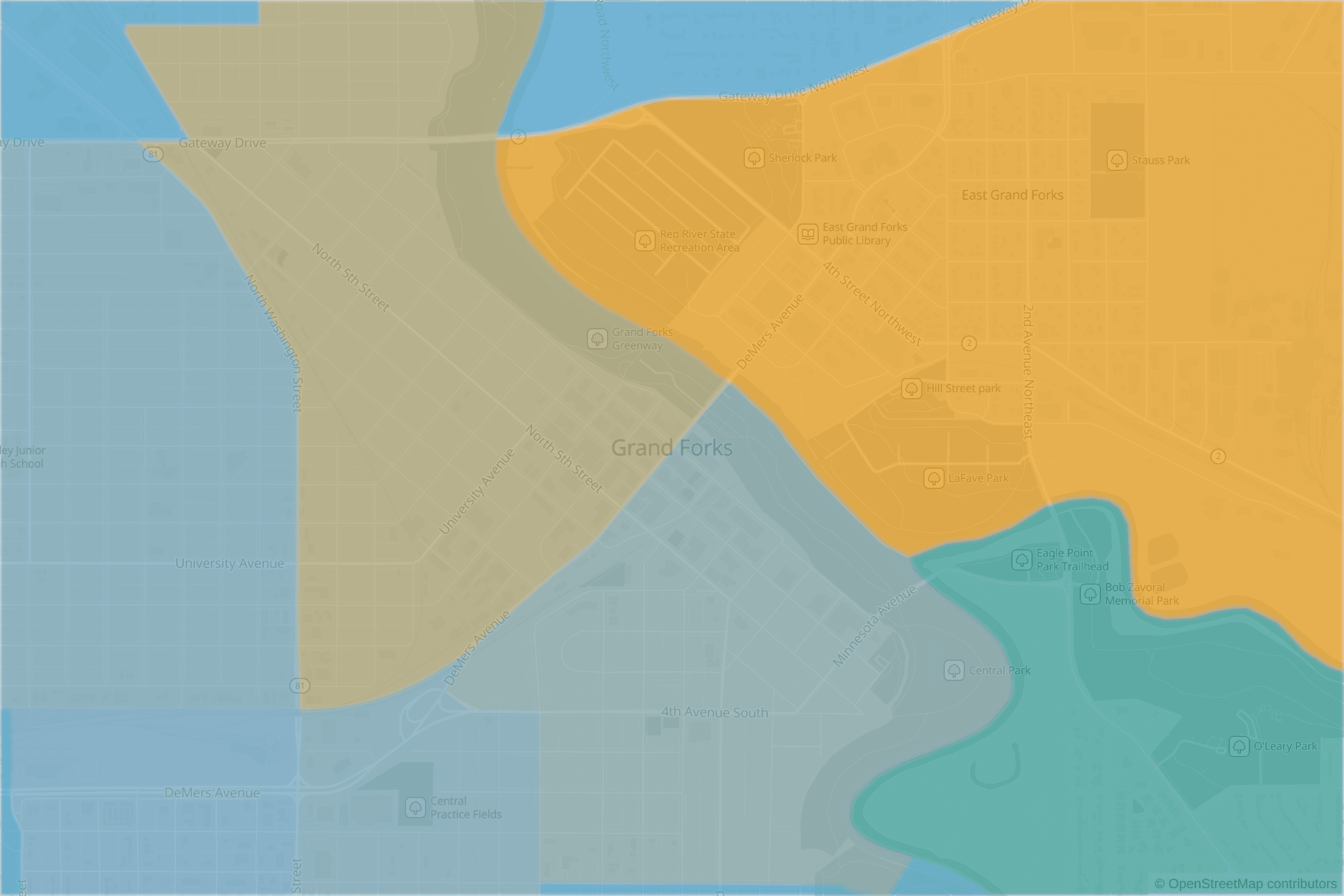 Map of central Grand Forks, ND and the blocks around it, each census tract shaded by its neighborhood grade, A to F