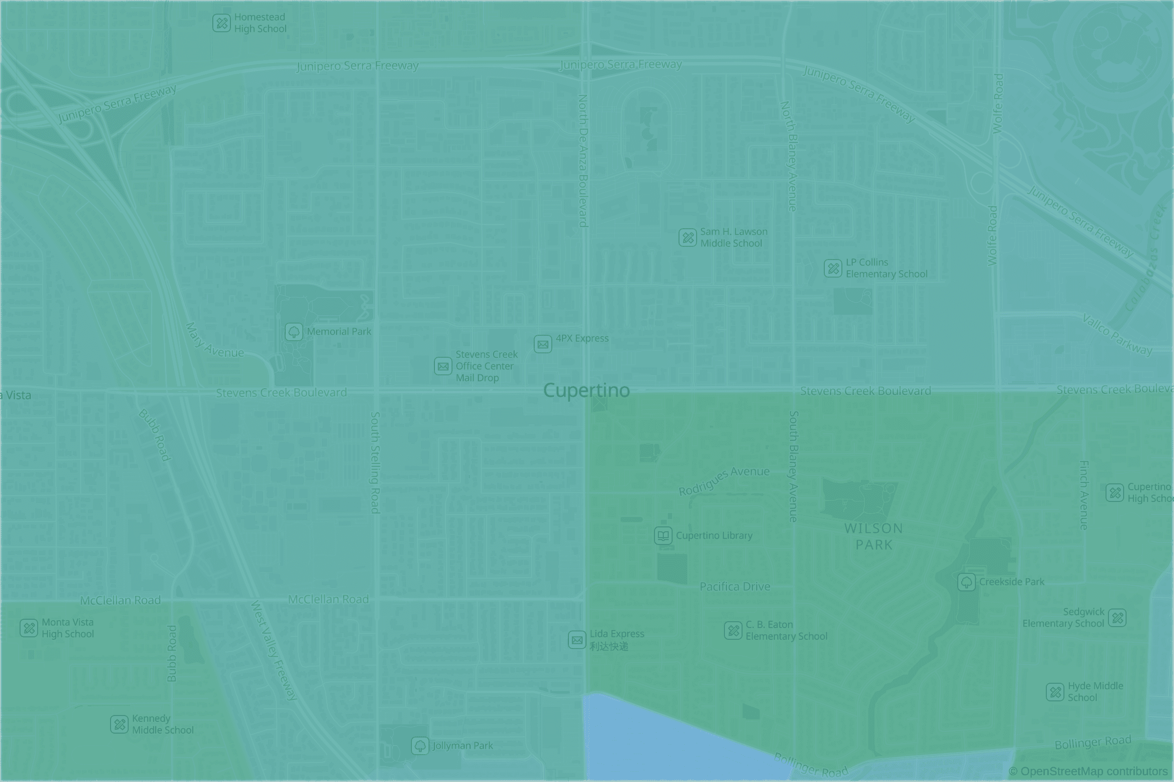 Map of central Cupertino, CA and the blocks around it, each census tract shaded by its neighborhood grade, A to F