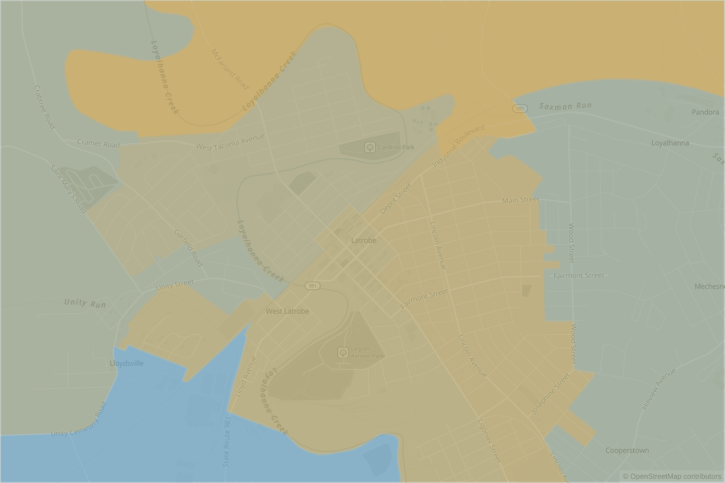 Map of central Latrobe, PA and the blocks around it, each census tract shaded by its neighborhood grade, A to F