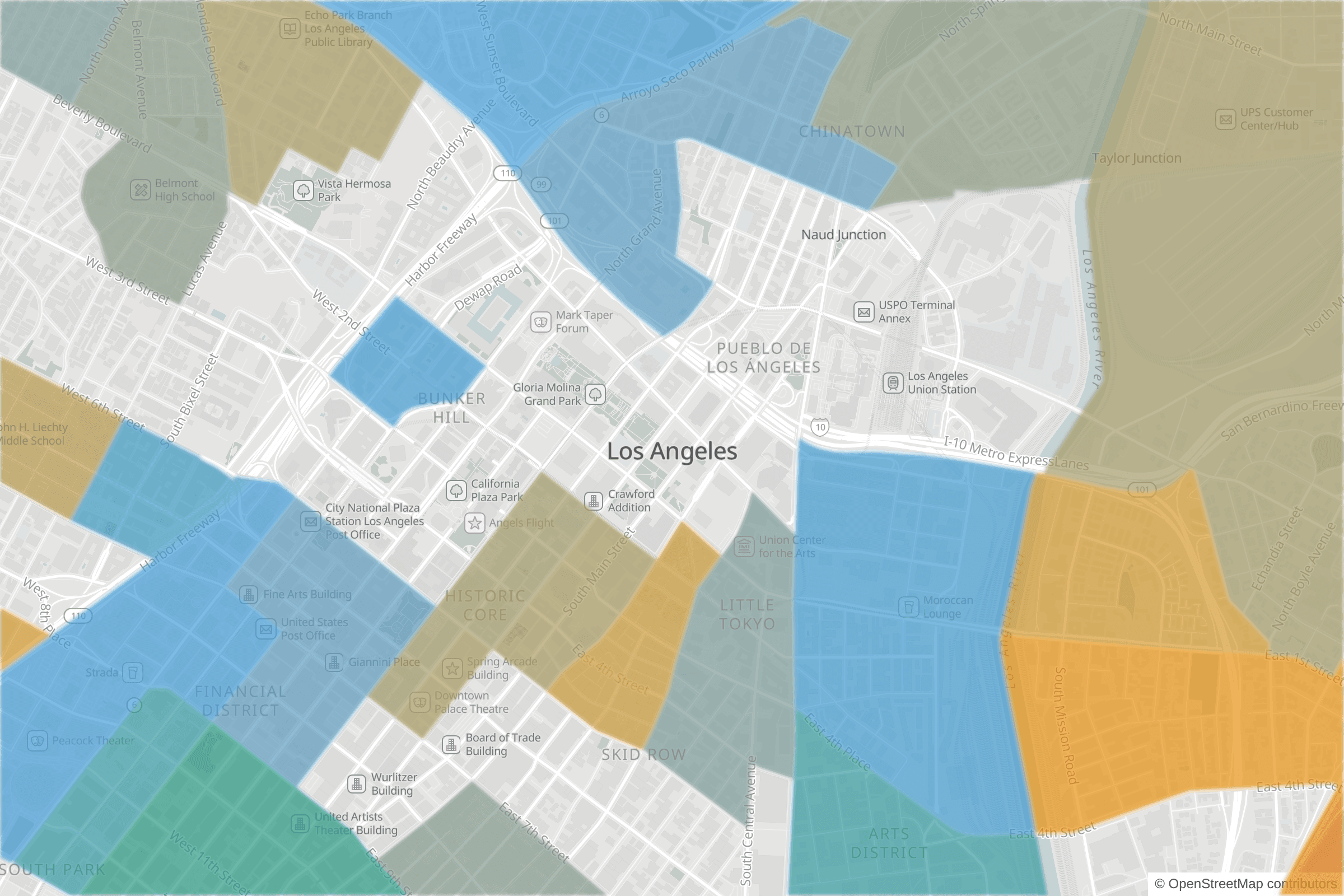 Map of central Los Angeles, CA and the blocks around it, each census tract shaded by its neighborhood grade, A to F