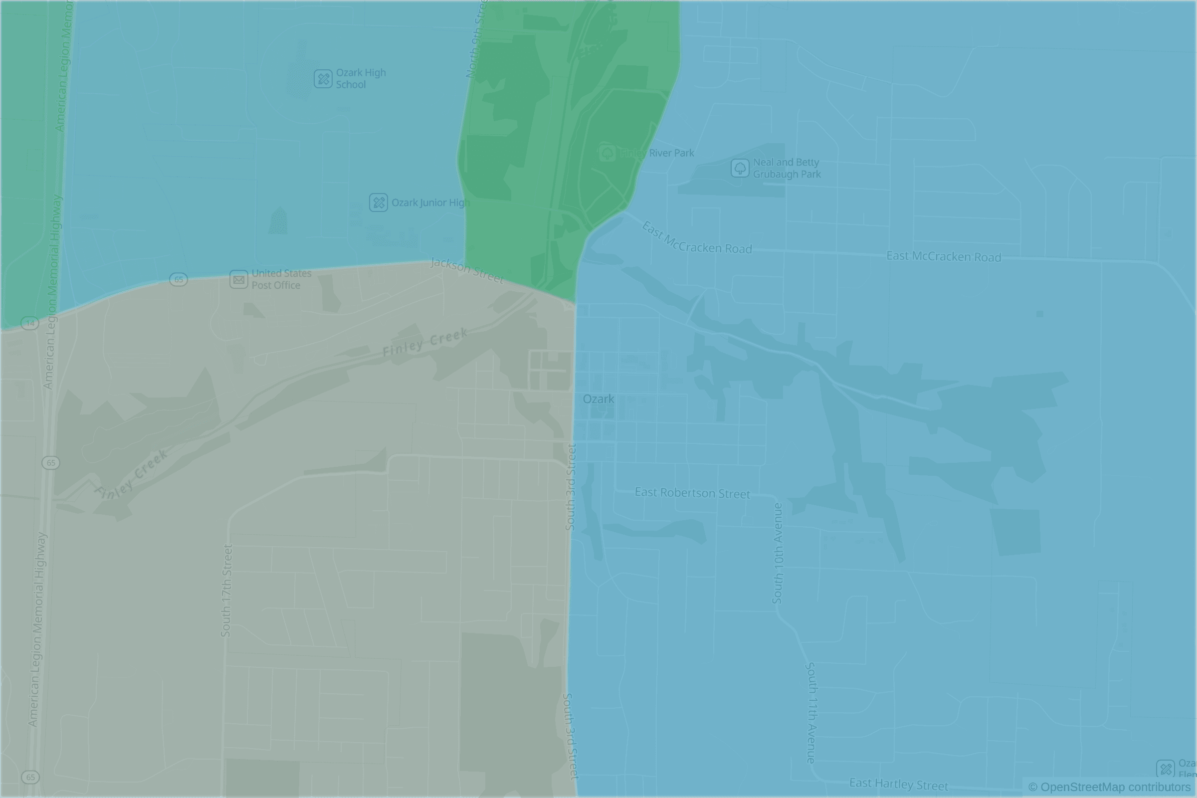Map of central Ozark, MO and the blocks around it, each census tract shaded by its neighborhood grade, A to F