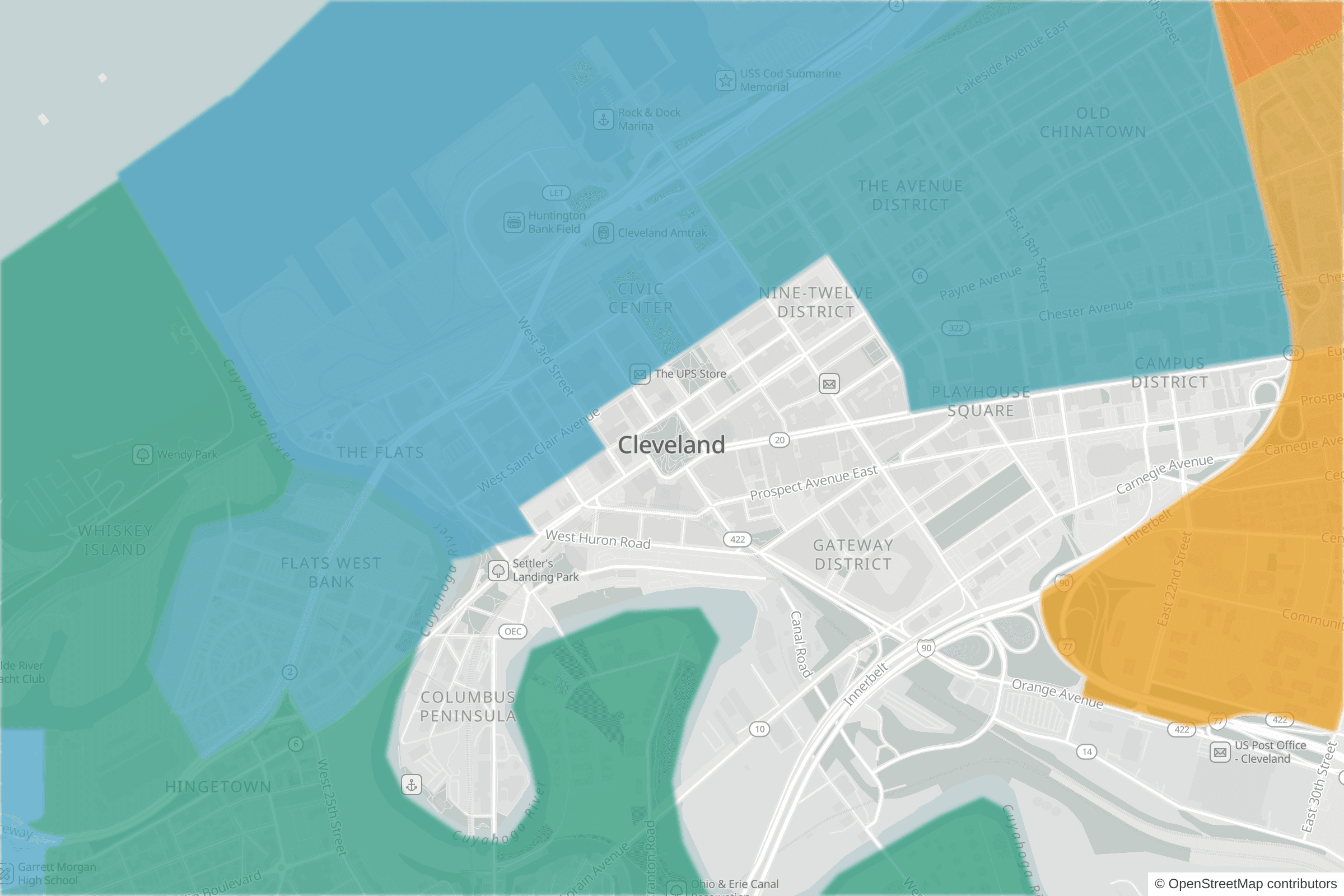 Map of central Cleveland, OH and the blocks around it, each census tract shaded by its neighborhood grade, A to F