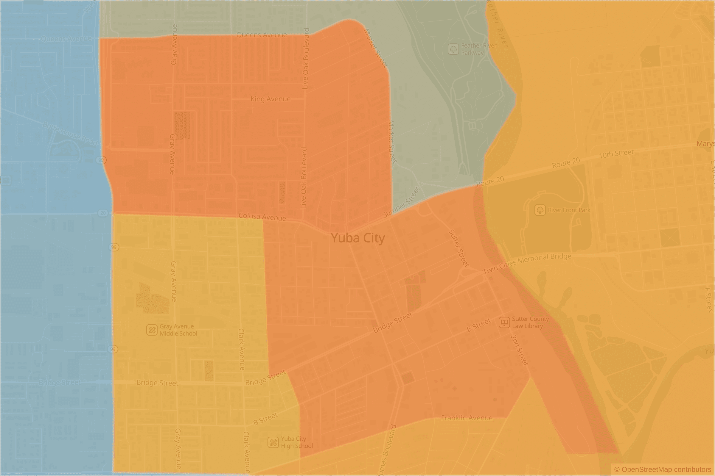 Map of central Yuba City, CA and the blocks around it, each census tract shaded by its neighborhood grade, A to F