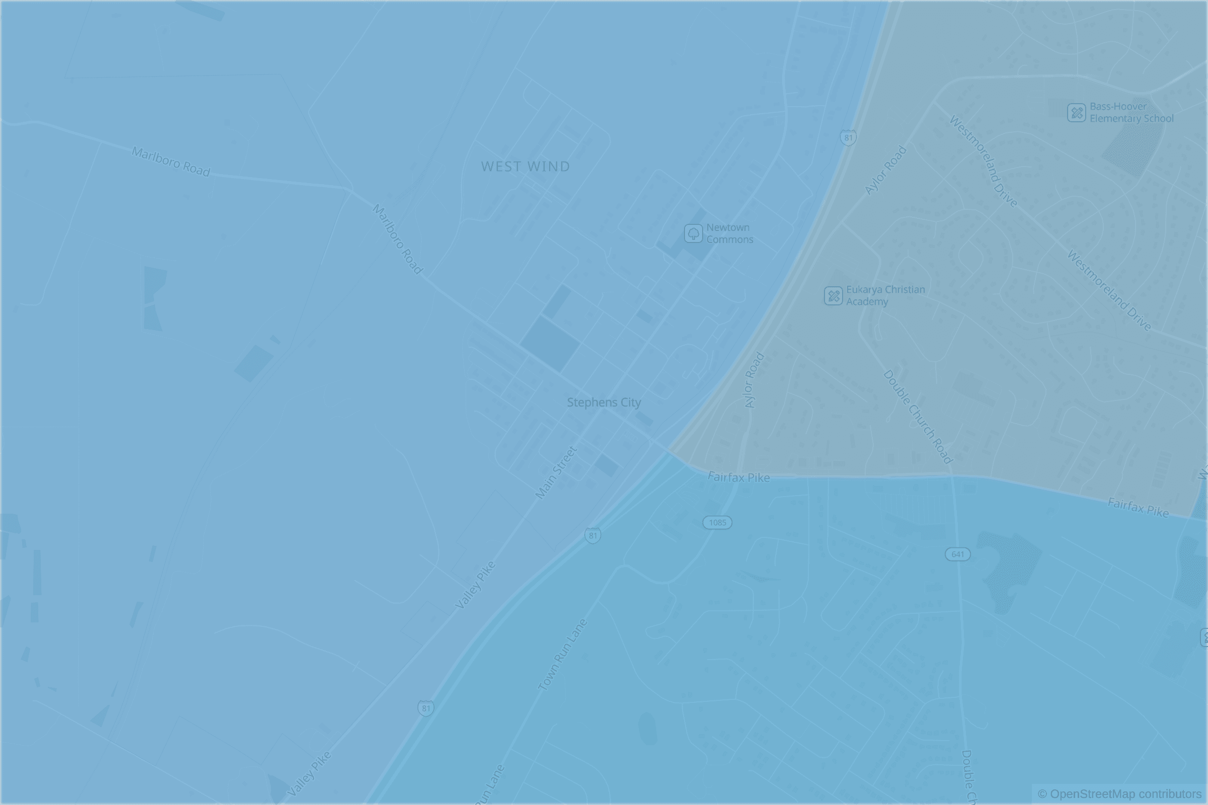Map of central Stephens City, VA and the blocks around it, each census tract shaded by its neighborhood grade, A to F