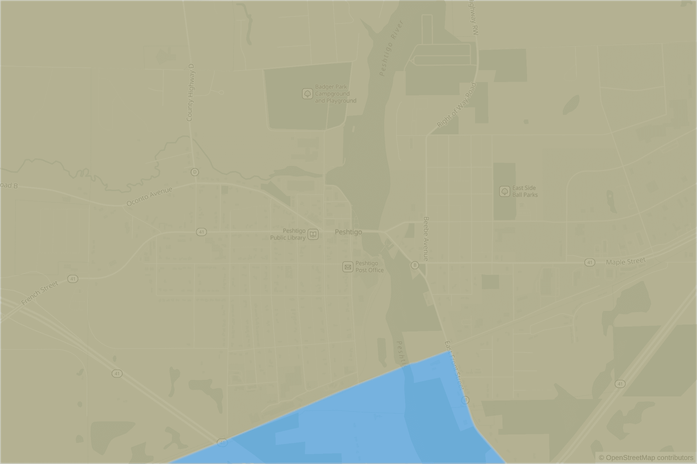 Map of central Peshtigo, WI and the blocks around it, each census tract shaded by its neighborhood grade, A to F