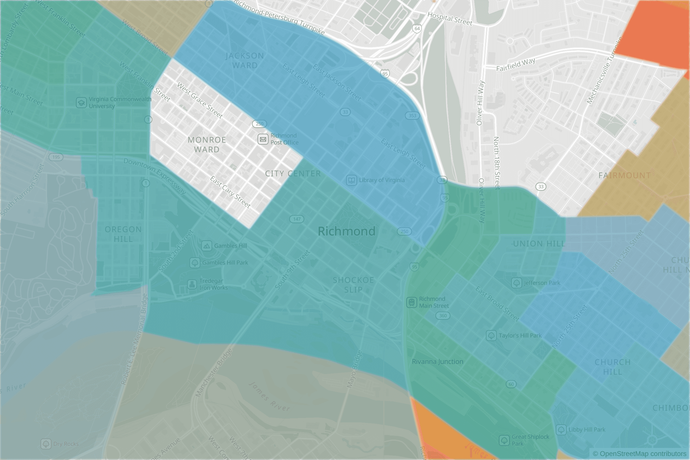 Map of central Richmond, VA and the blocks around it, each census tract shaded by its neighborhood grade, A to F