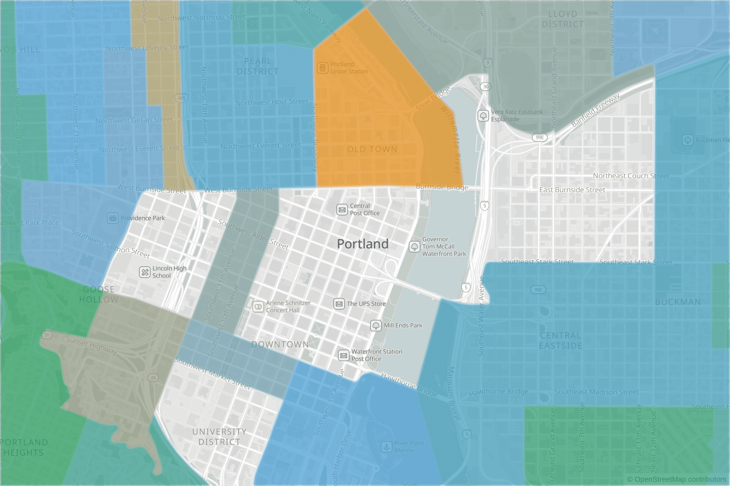 Map of central Portland, OR and the blocks around it, each census tract shaded by its neighborhood grade, A to F