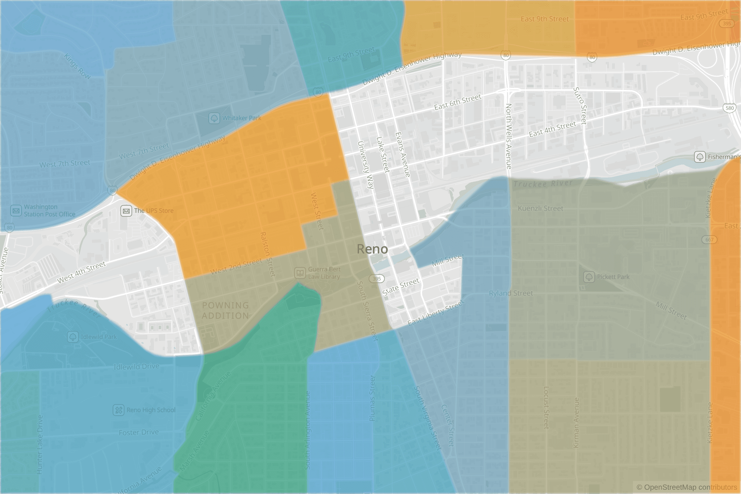 Map of central Reno, NV and the blocks around it, each census tract shaded by its neighborhood grade, A to F