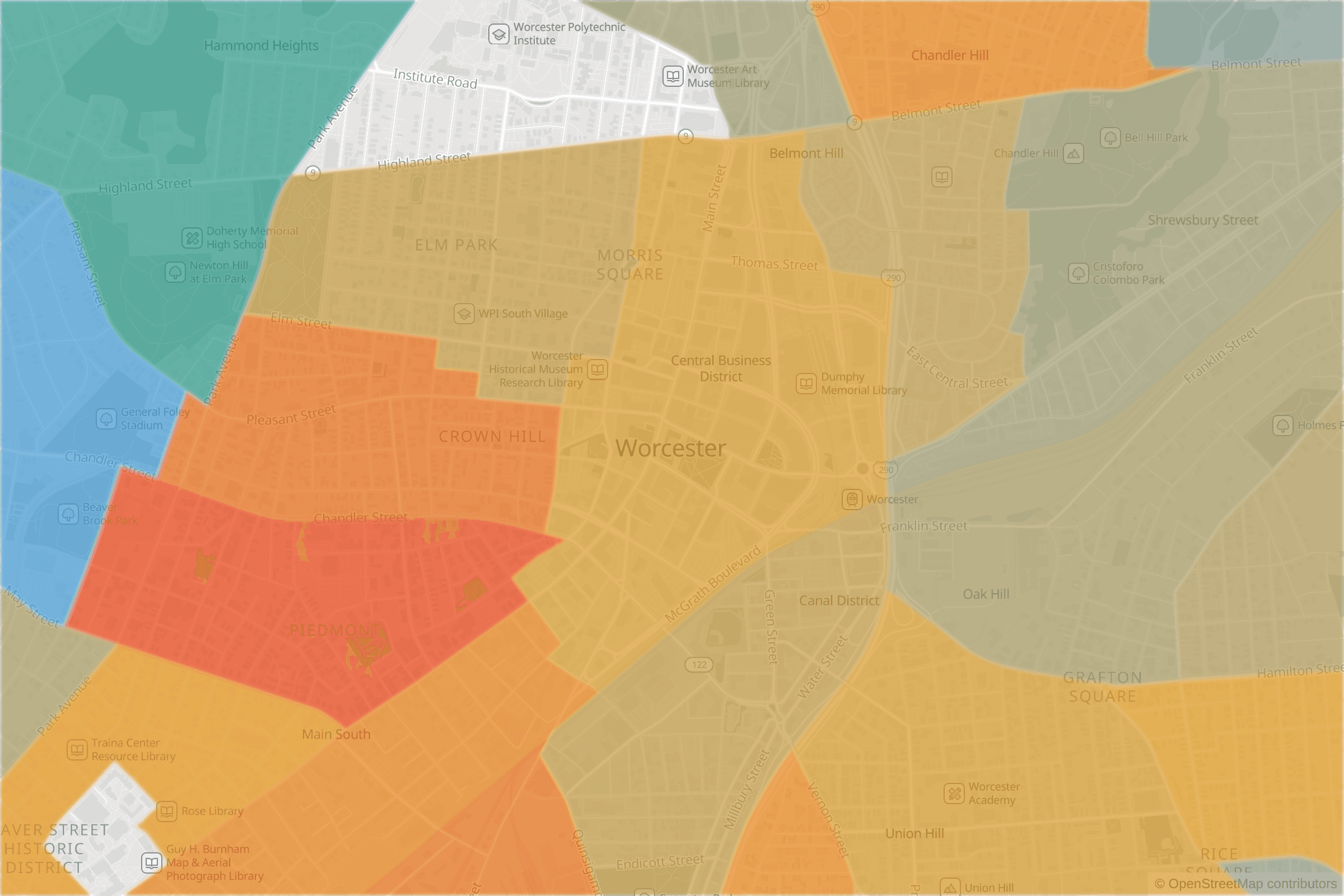 Map of central Worcester, MA and the blocks around it, each census tract shaded by its neighborhood grade, A to F