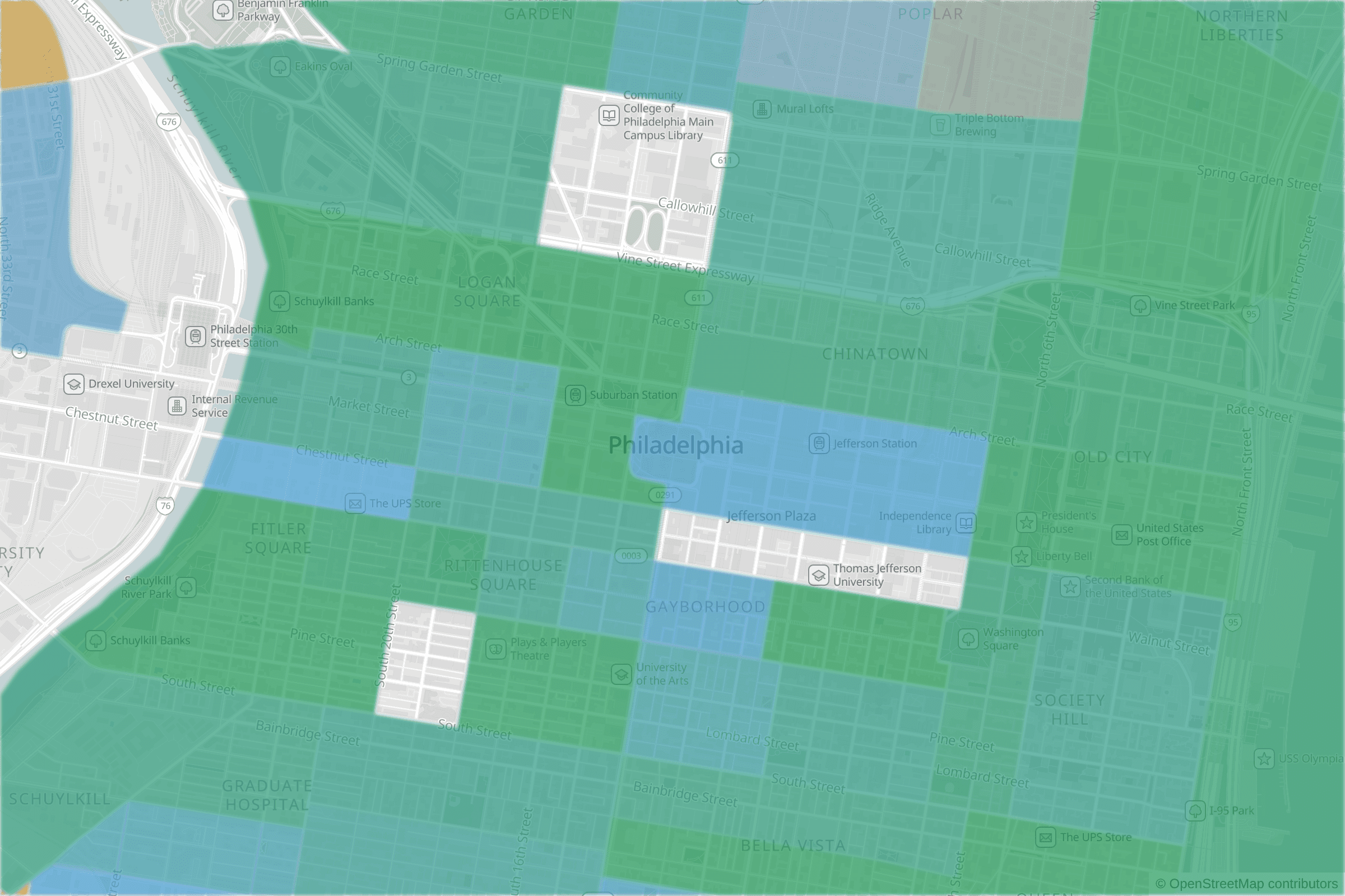 Map of central Philadelphia, PA and the blocks around it, each census tract shaded by its neighborhood grade, A to F