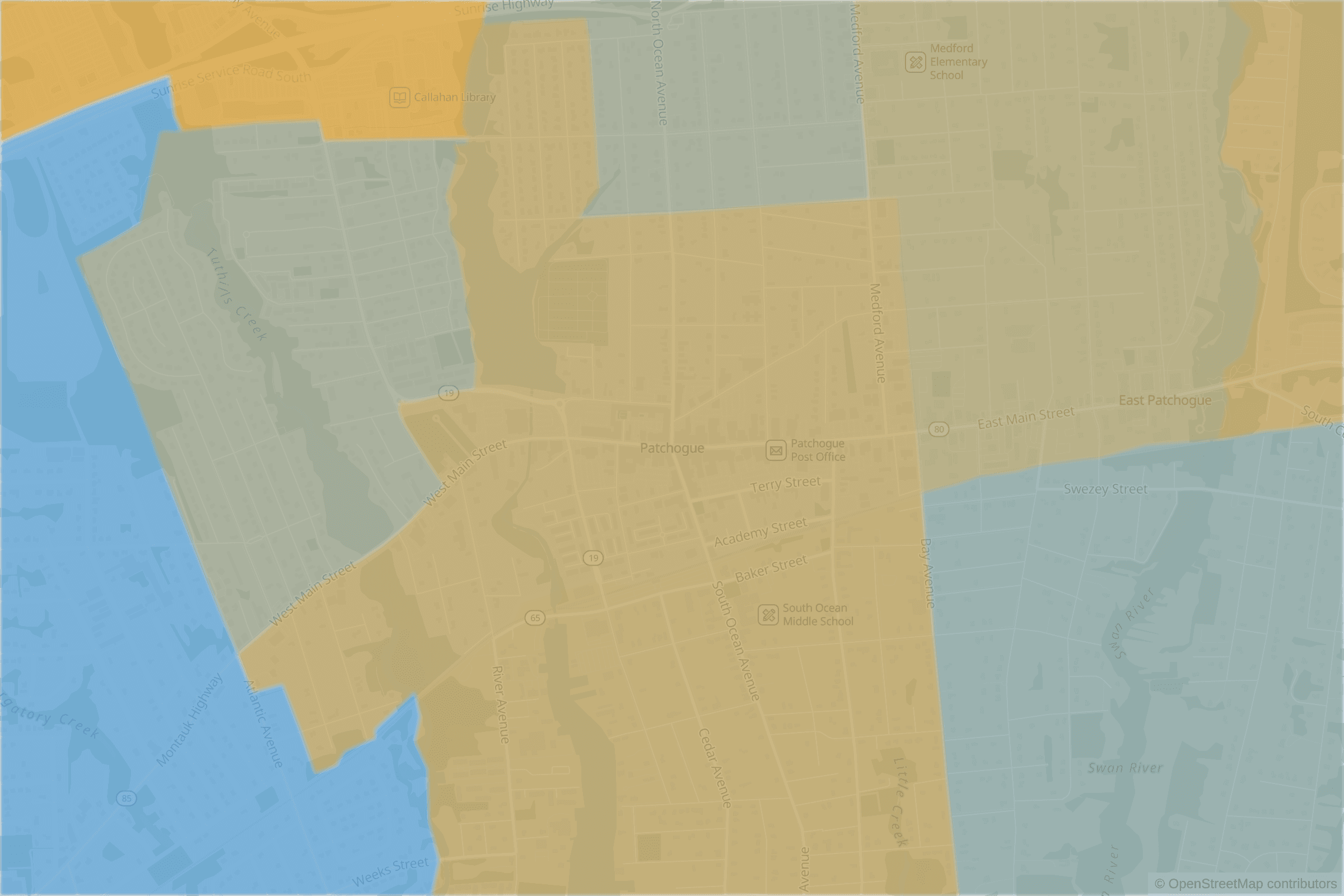 Map of central Patchogue, NY and the blocks around it, each census tract shaded by its neighborhood grade, A to F