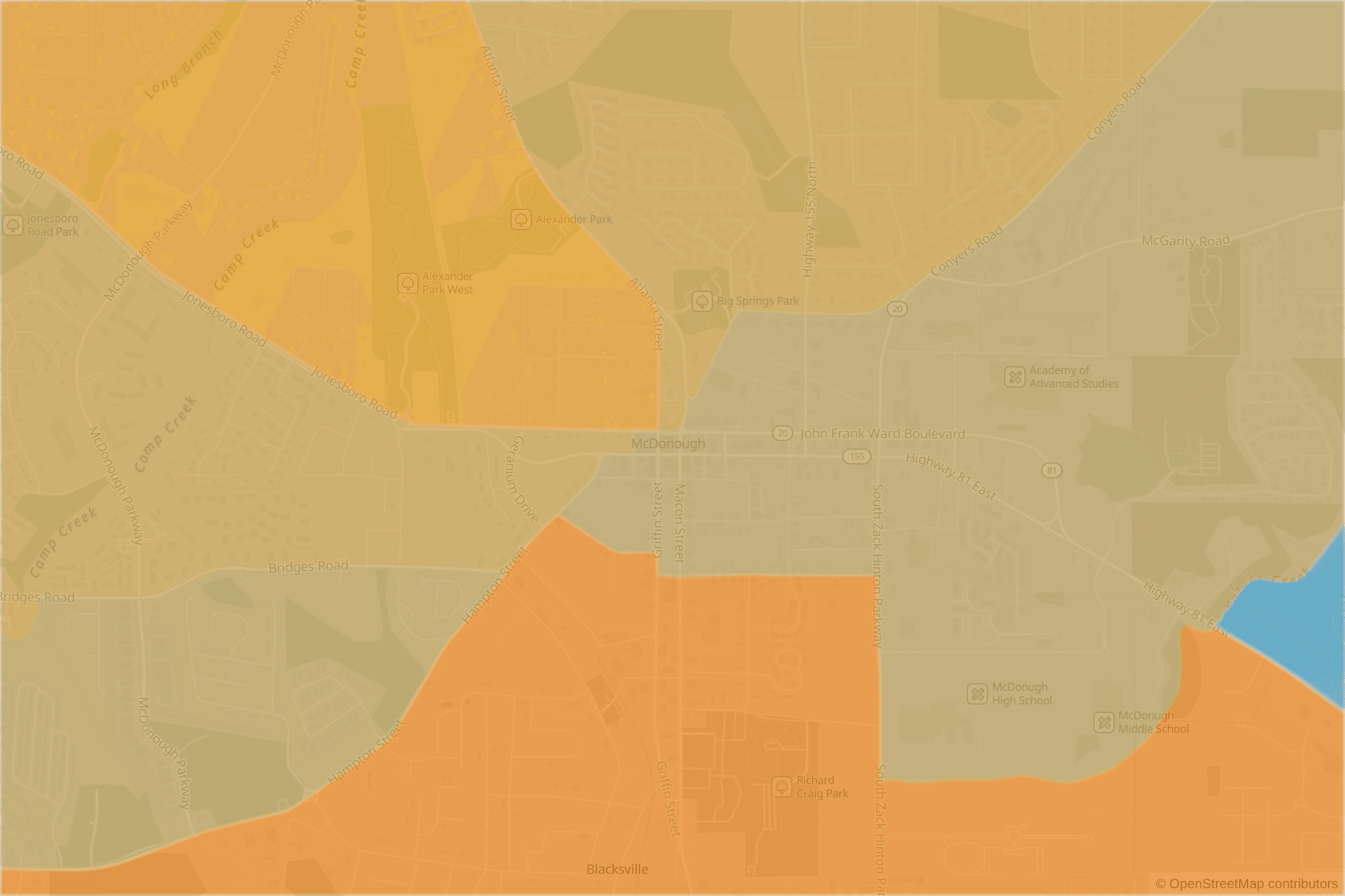 Map of central McDonough, GA and the blocks around it, each census tract shaded by its neighborhood grade, A to F