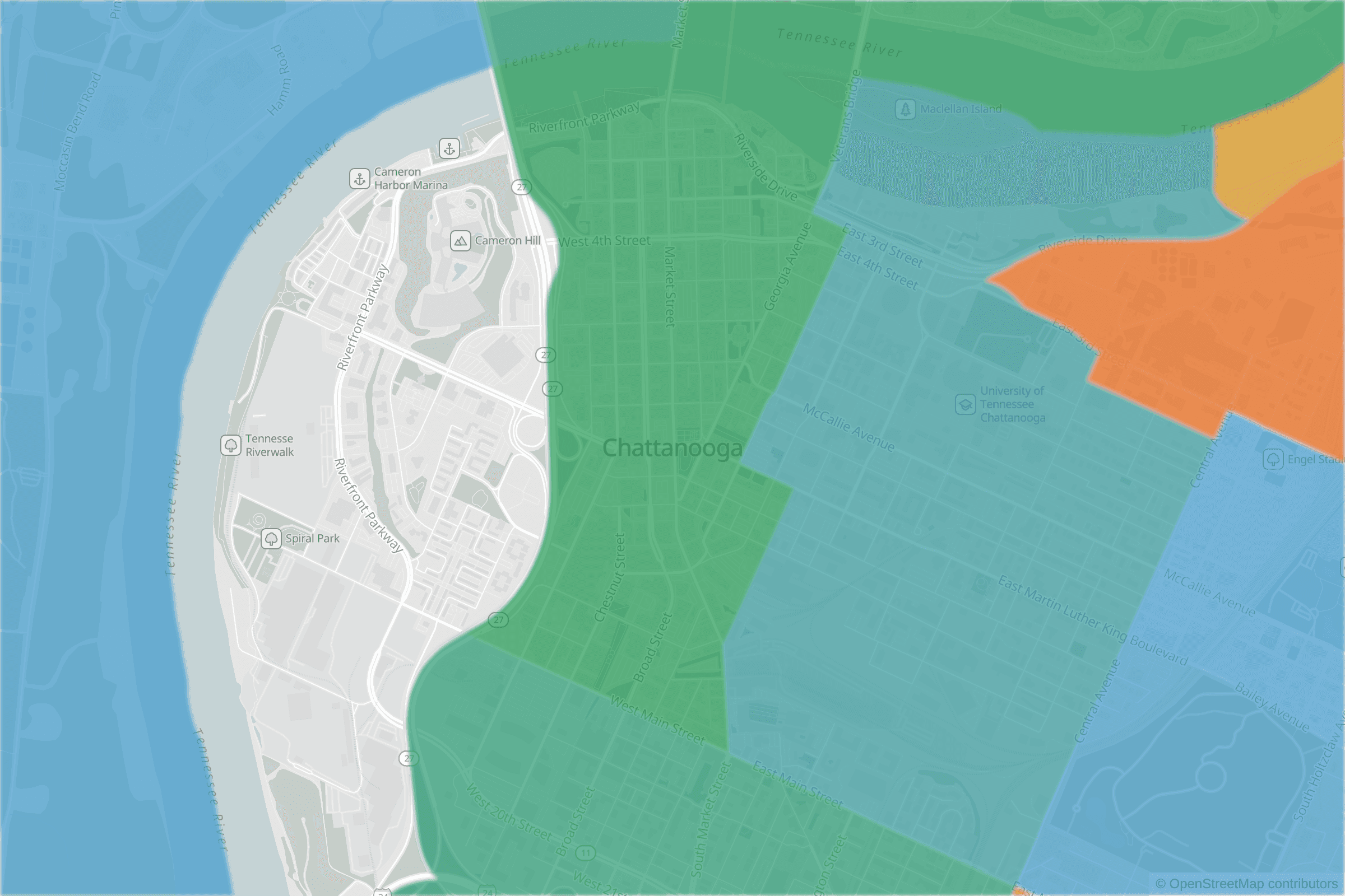 Map of central Chattanooga, TN and the blocks around it, each census tract shaded by its neighborhood grade, A to F