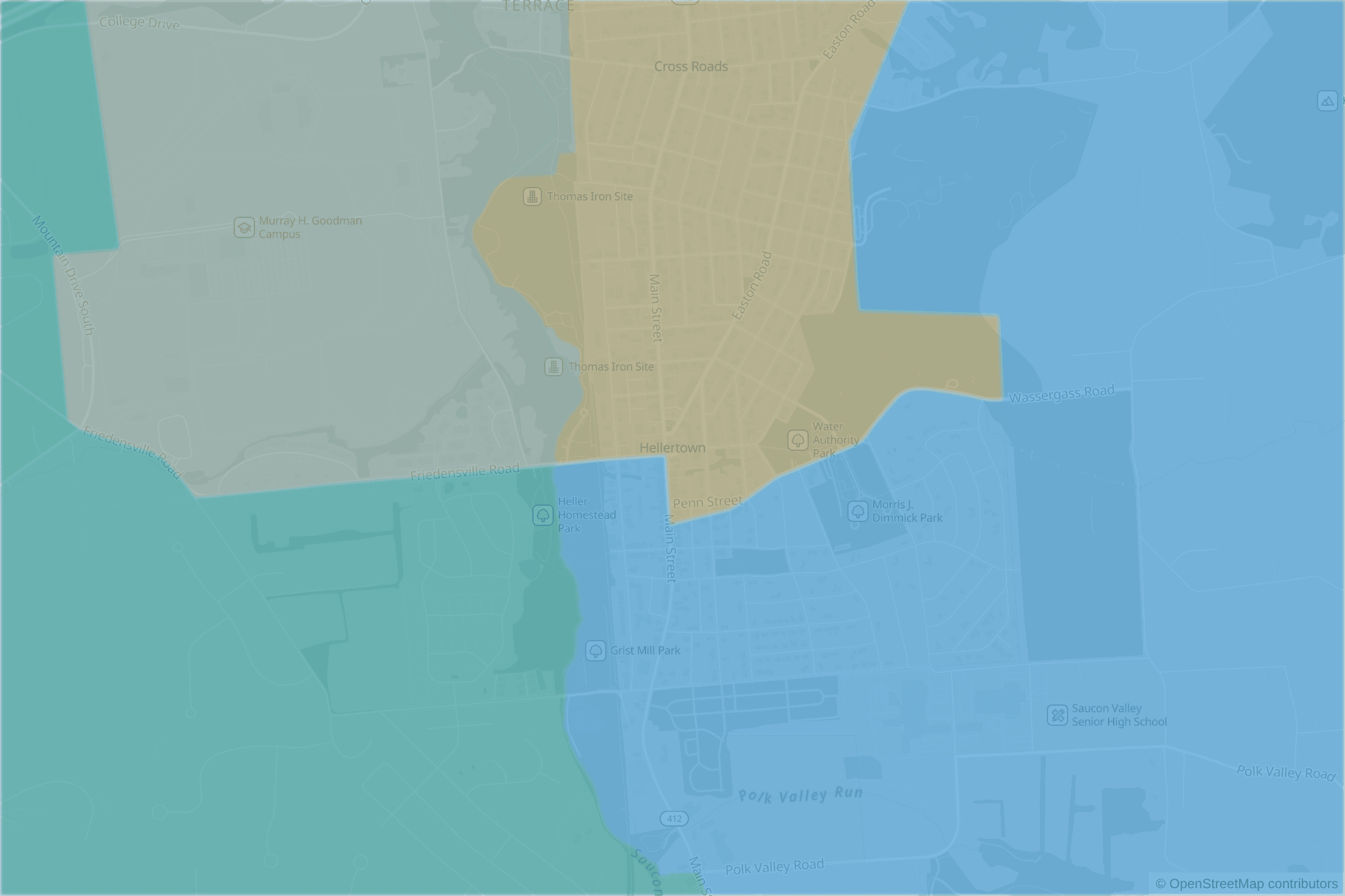 Map of central Hellertown, PA and the blocks around it, each census tract shaded by its neighborhood grade, A to F