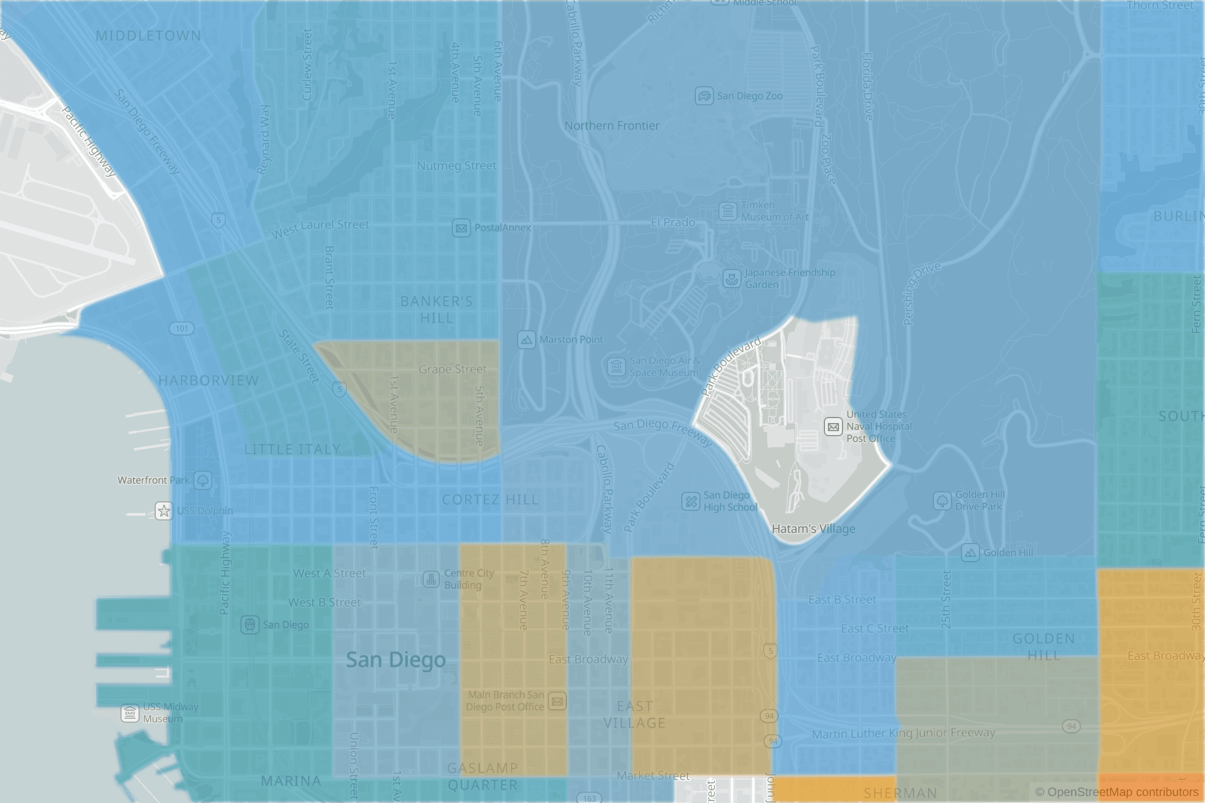 Map of central San Diego, CA and the blocks around it, each census tract shaded by its neighborhood grade, A to F
