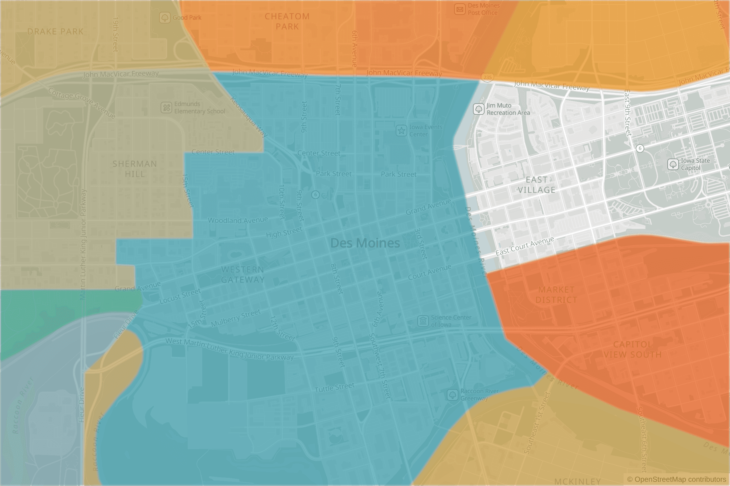 Map of central Des Moines, IA and the blocks around it, each census tract shaded by its neighborhood grade, A to F