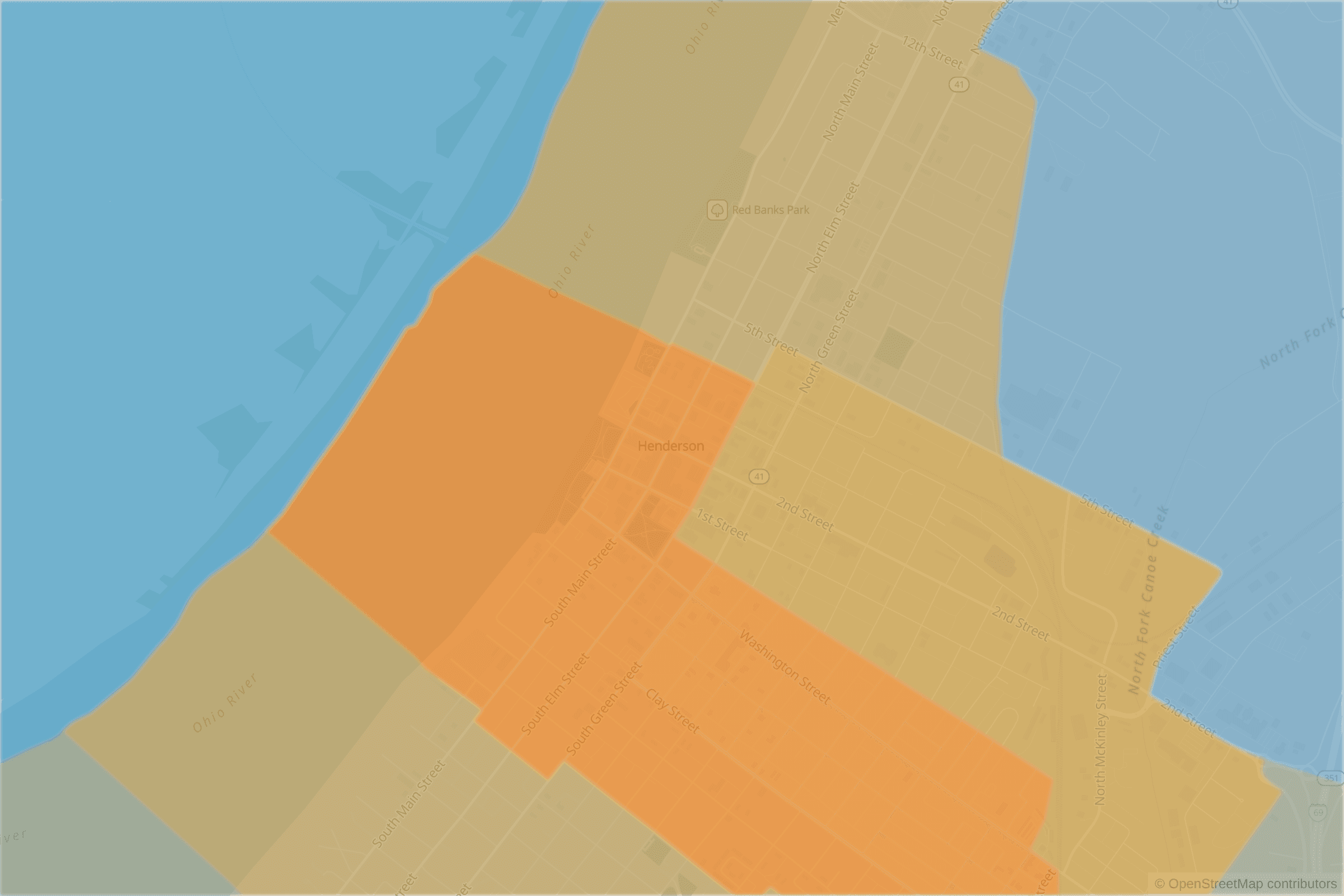 Map of central Henderson, KY and the blocks around it, each census tract shaded by its neighborhood grade, A to F