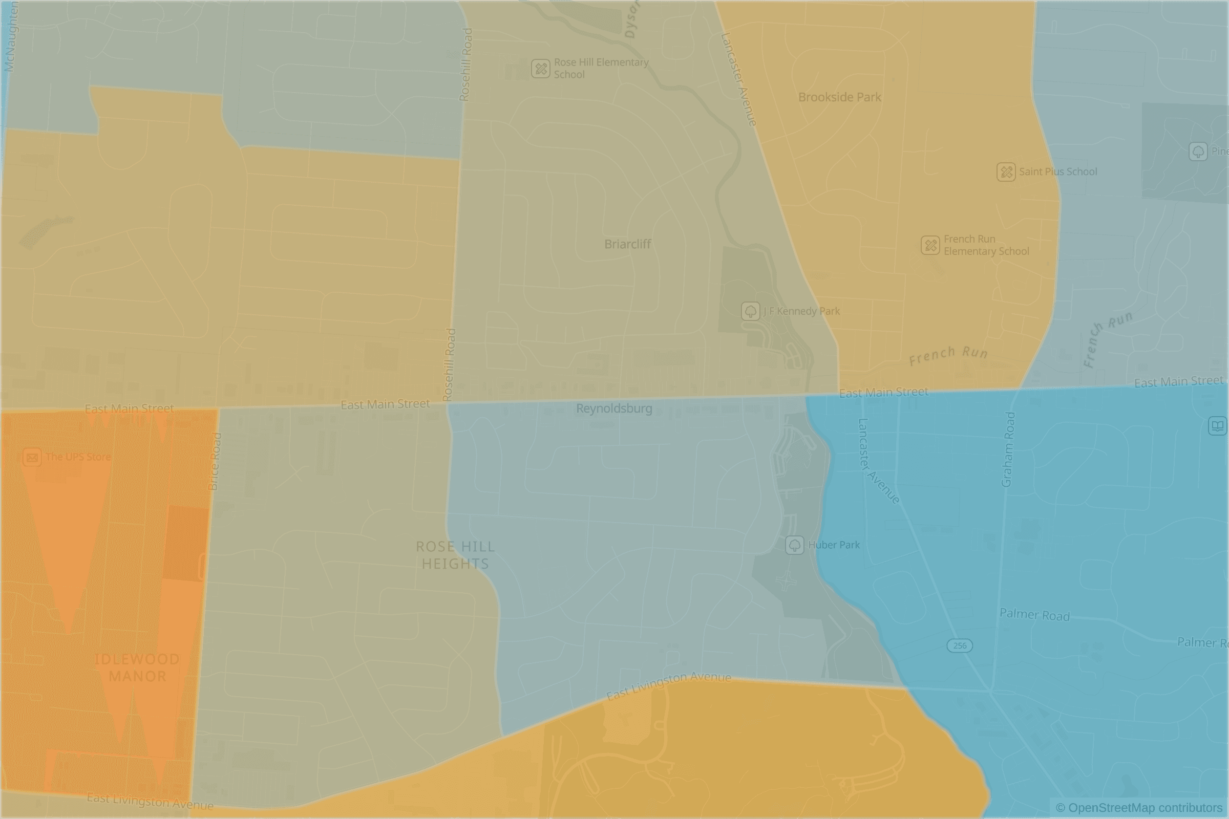 Map of central Reynoldsburg, OH and the blocks around it, each census tract shaded by its neighborhood grade, A to F