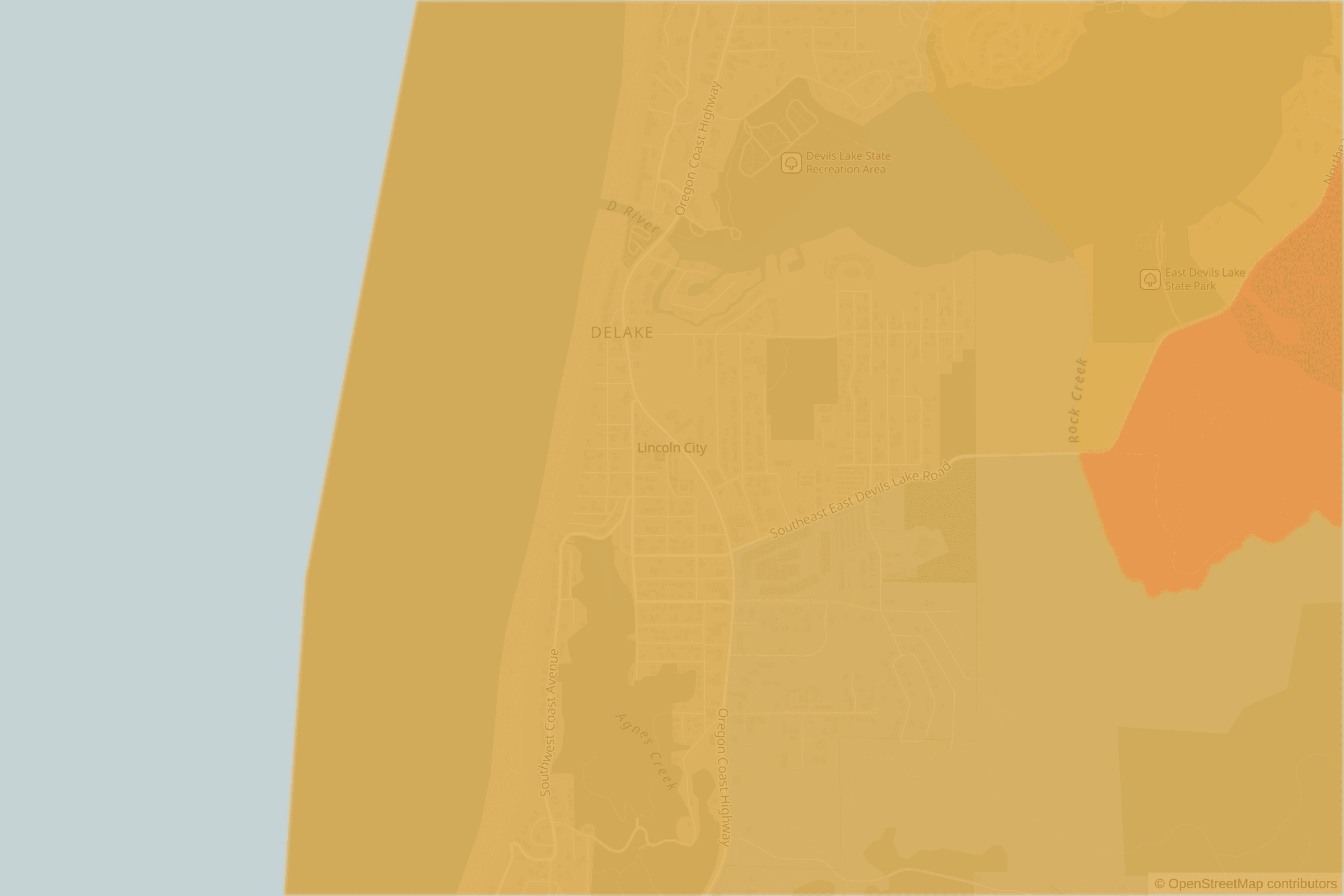 Map of central Lincoln City, OR and the blocks around it, each census tract shaded by its neighborhood grade, A to F