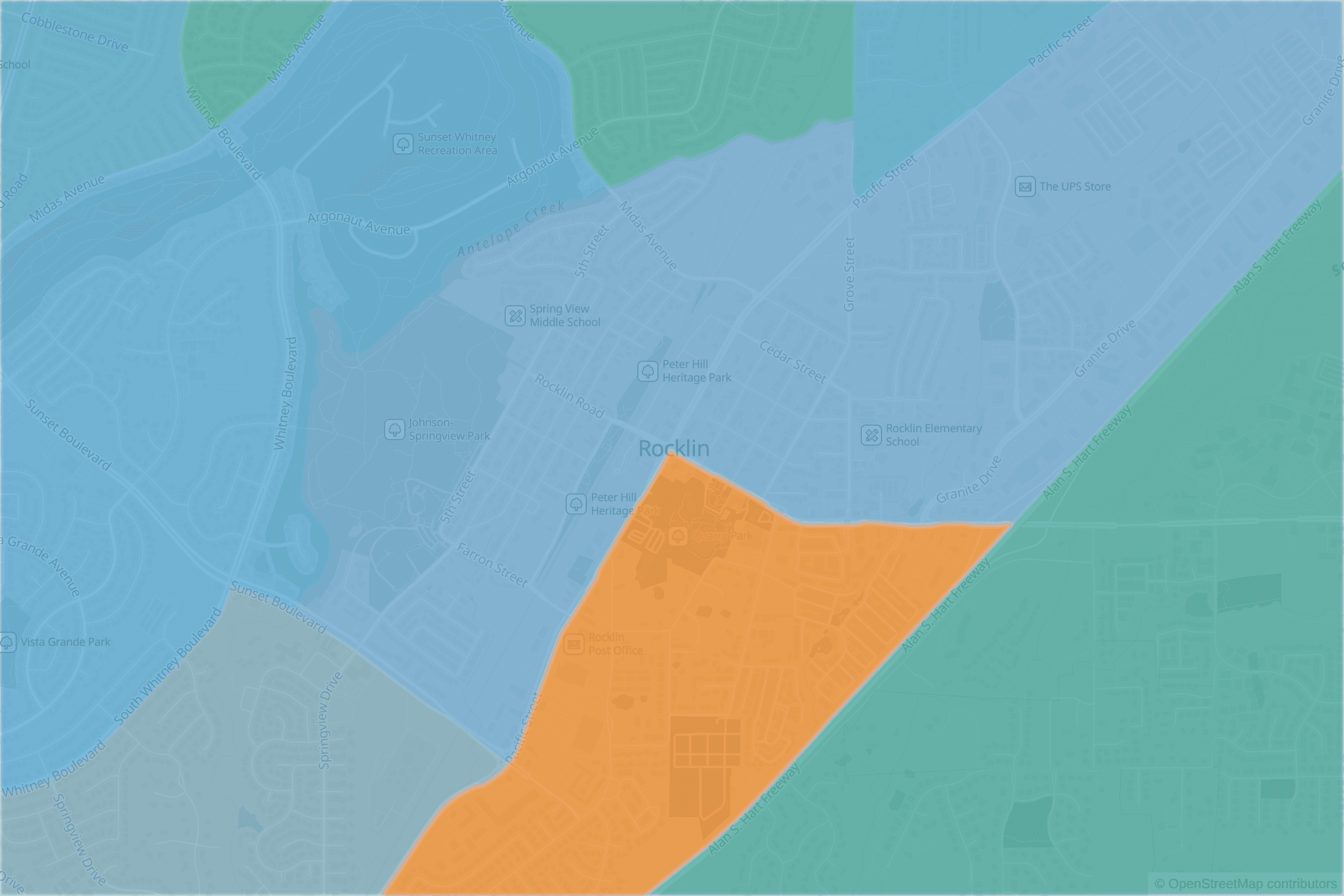 Map of central Rocklin, CA and the blocks around it, each census tract shaded by its neighborhood grade, A to F