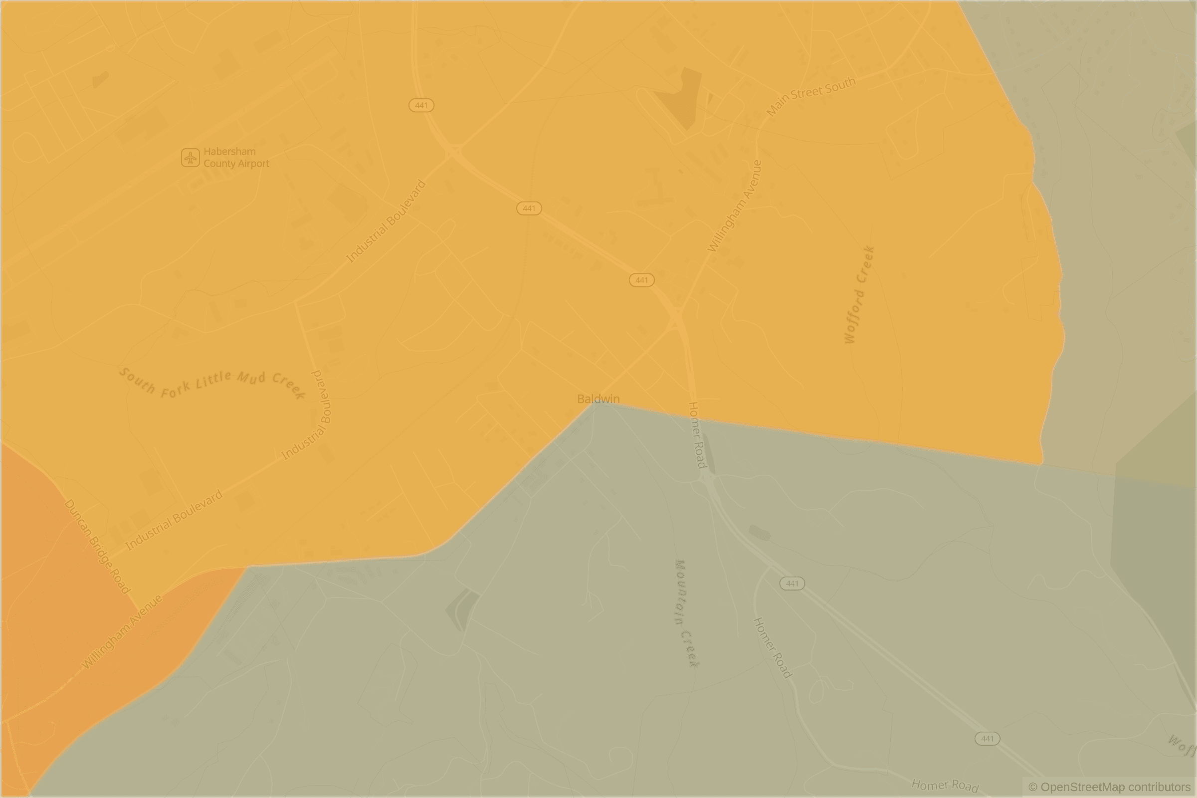 Map of central Baldwin, GA and the blocks around it, each census tract shaded by its neighborhood grade, A to F