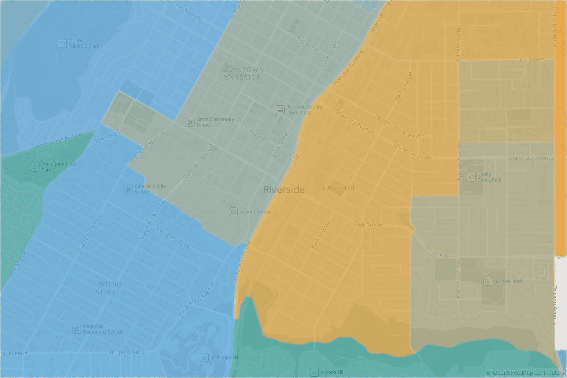 Map of central Riverside, CA and the blocks around it, each census tract shaded by its neighborhood grade, A to F