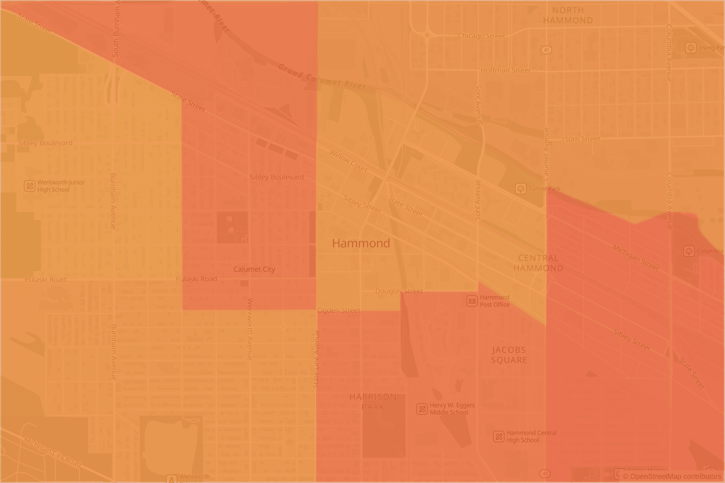 Map of central Hammond, IN and the blocks around it, each census tract shaded by its neighborhood grade, A to F