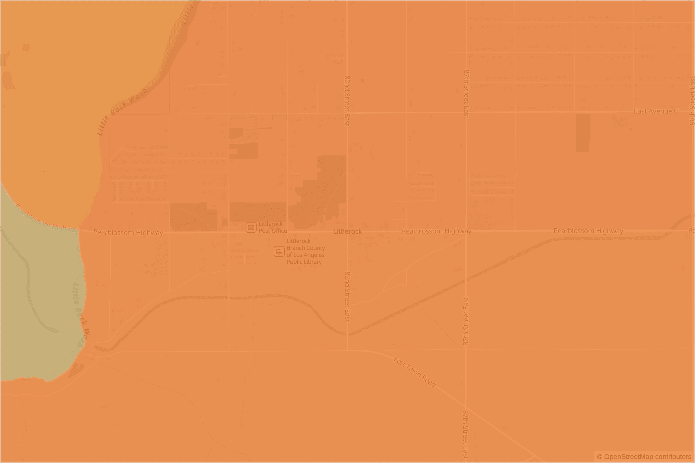 Map of central Littlerock, CA and the blocks around it, each census tract shaded by its neighborhood grade, A to F