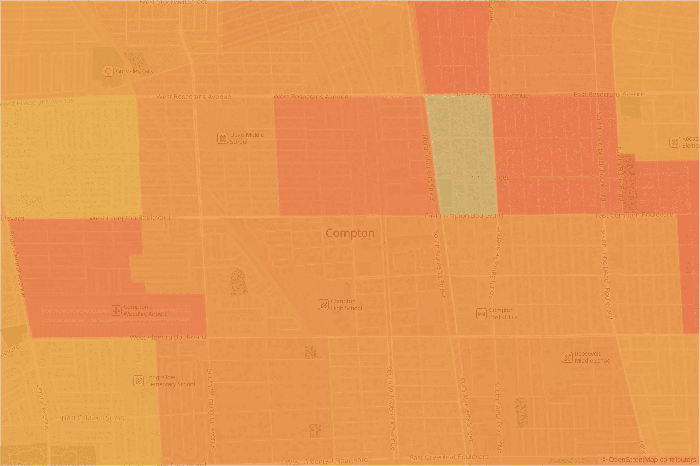Map of central Compton, CA and the blocks around it, each census tract shaded by its neighborhood grade, A to F
