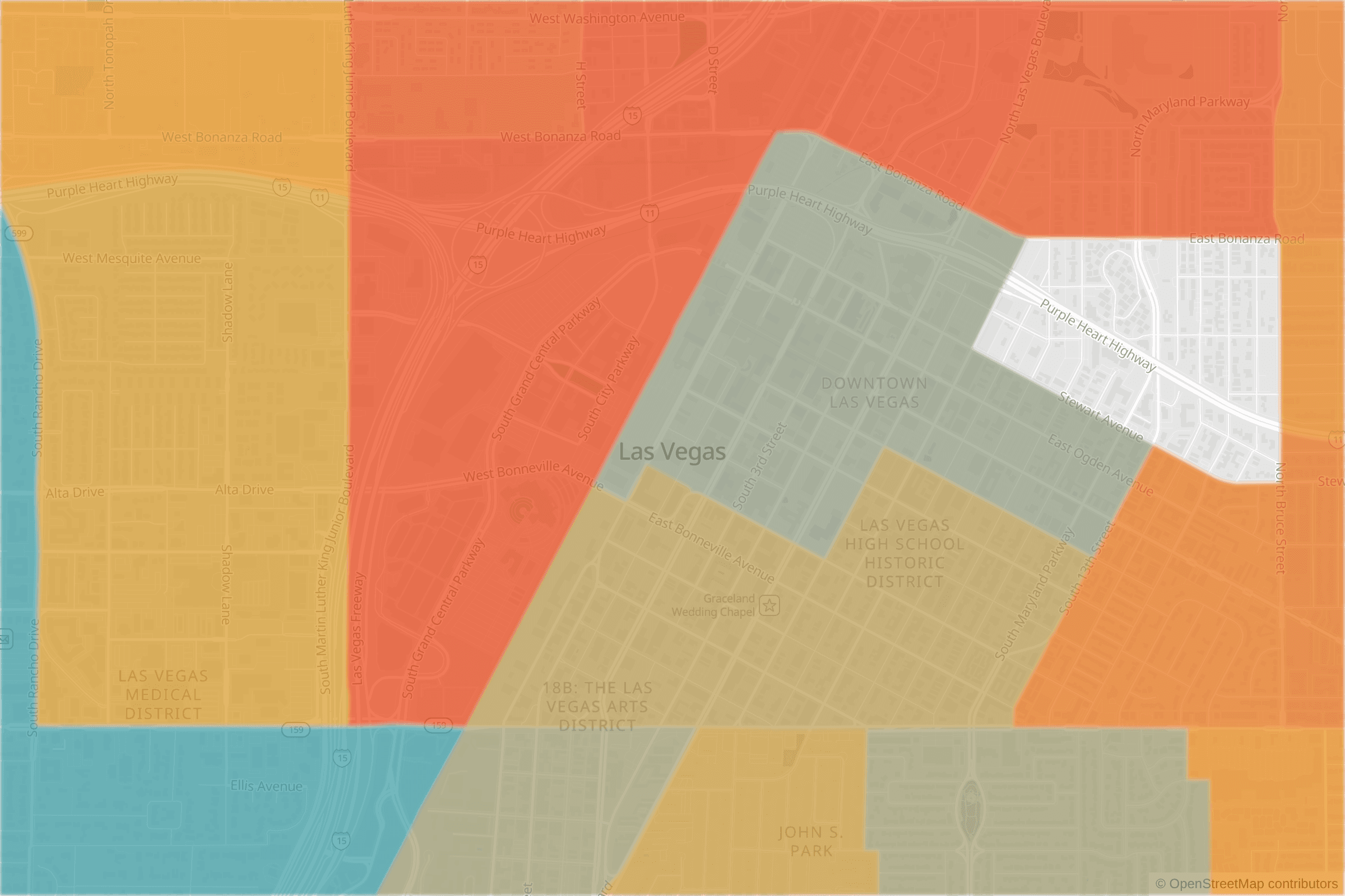 Map of central Las Vegas, NV and the blocks around it, each census tract shaded by its neighborhood grade, A to F
