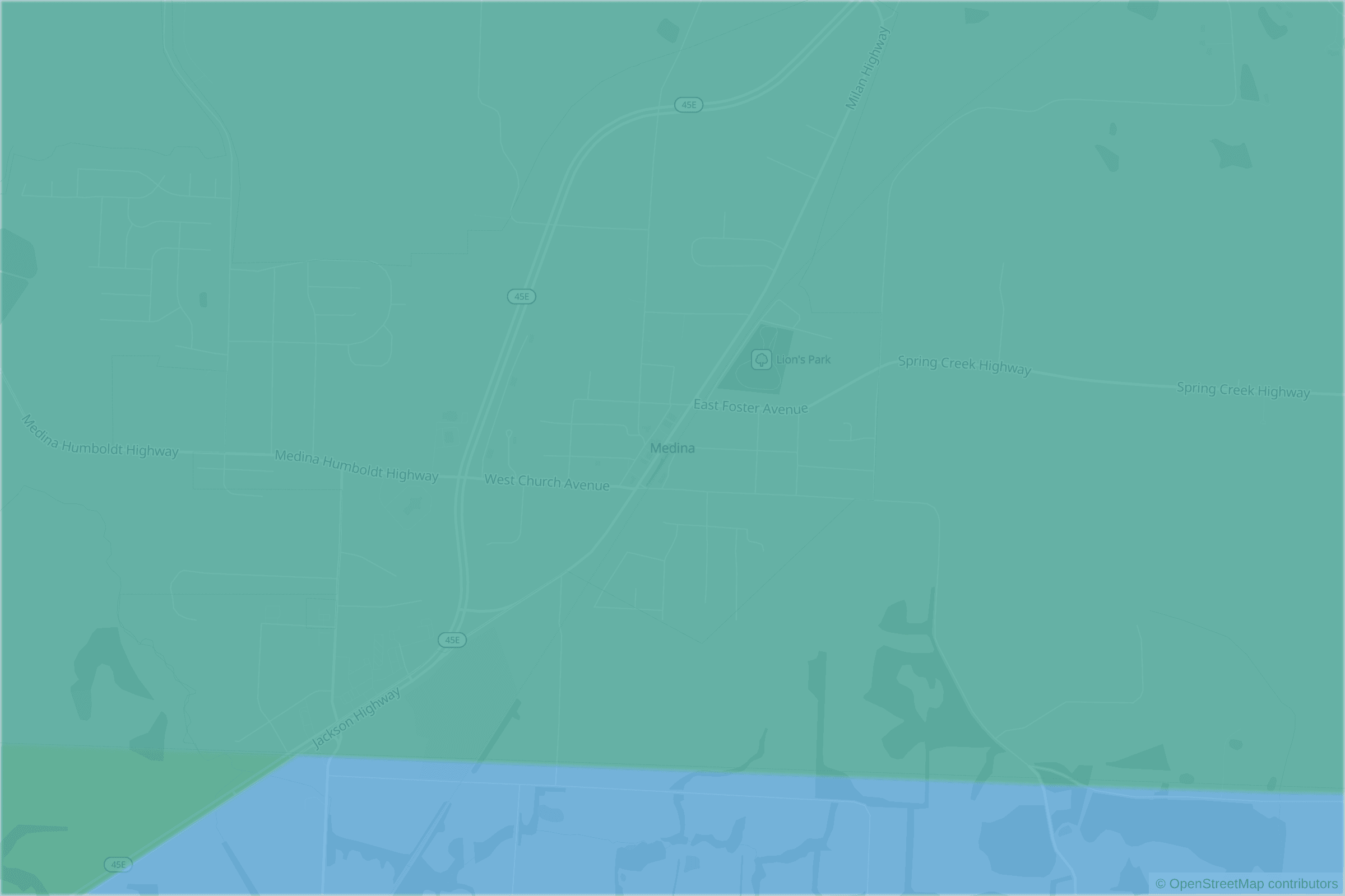 Map of central Medina, TN and the blocks around it, each census tract shaded by its neighborhood grade, A to F