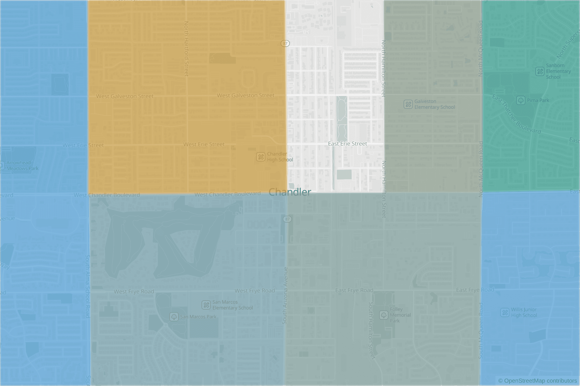 Map of central Chandler, AZ and the blocks around it, each census tract shaded by its neighborhood grade, A to F